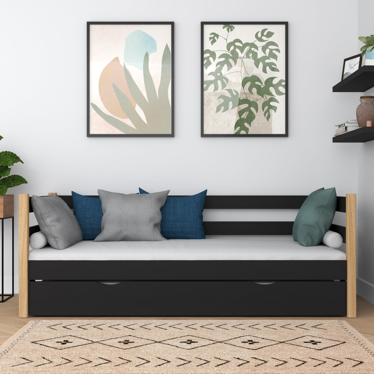 Letto divano nero-quercia – laterale sponda in legno, vista laterale, Nizio