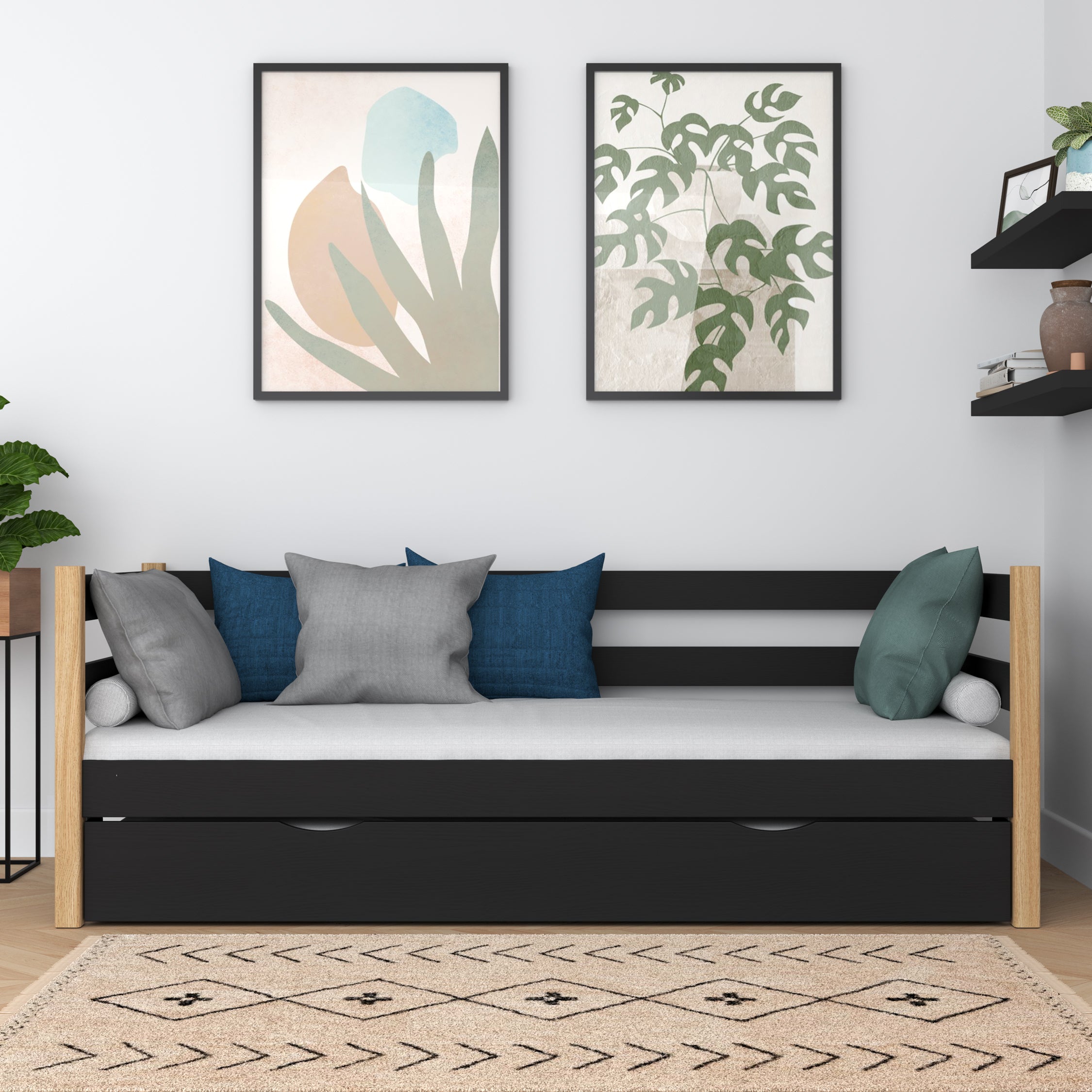 Letto divano nero-quercia – laterale sponda in legno, vista laterale, Nizio
