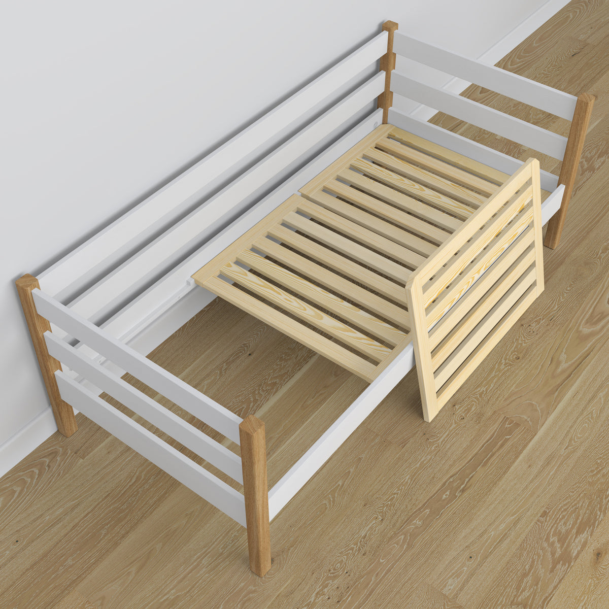 Sofa bed wooden white-oak – view from the headboard, children’s room