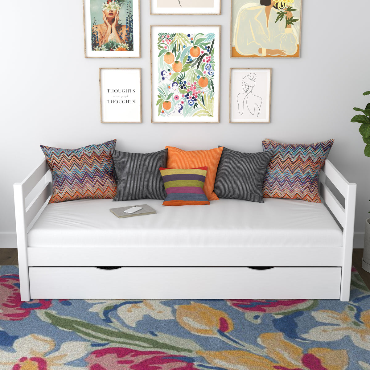 Sofa-lit blanc – barrière latérale en bois, vue de côté, Nizio