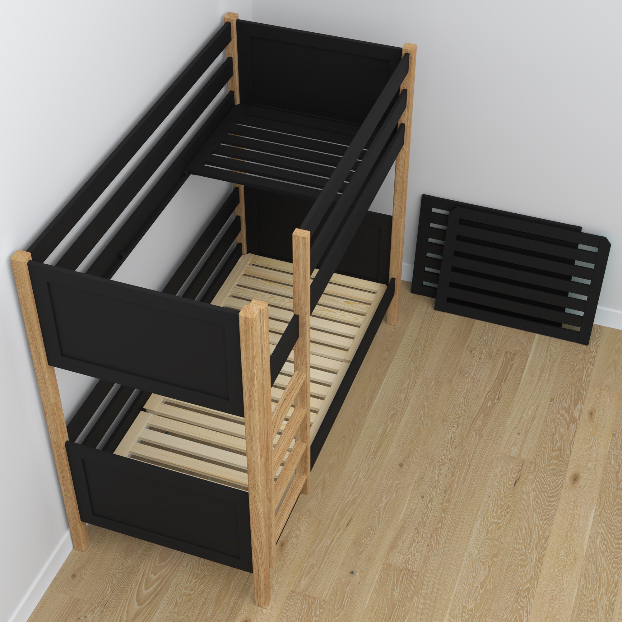 Letto a castello con cassetto nero-quercia in legno – scandinavo design, Nizio