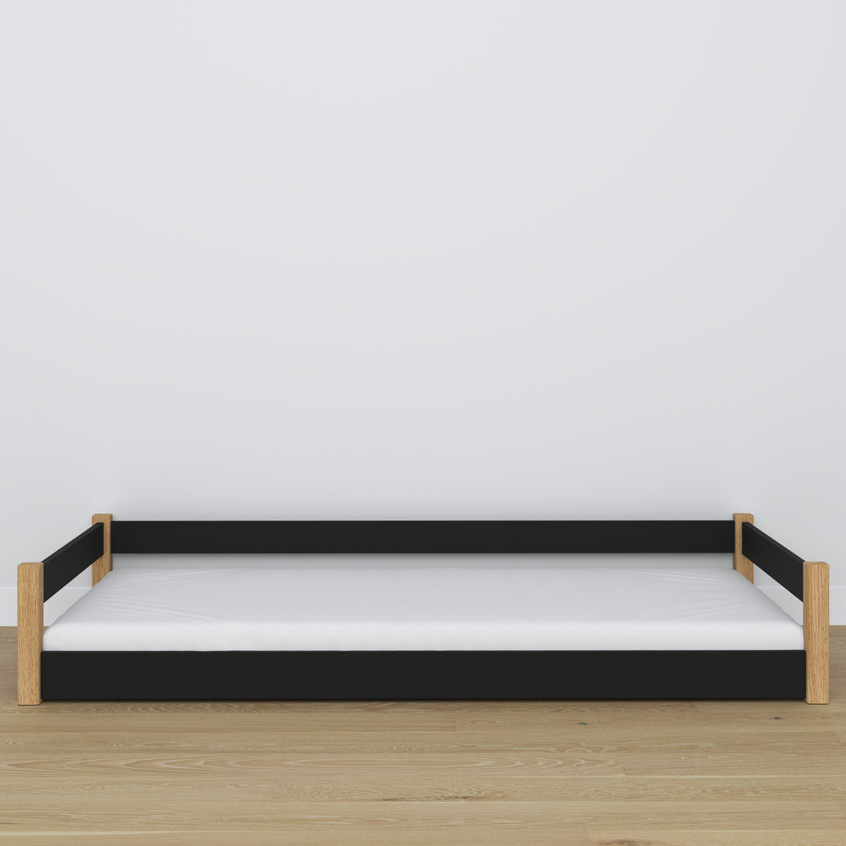 Low Bed Wooden Black and Oak – Low Frame, Side View, Scandi Bedroom