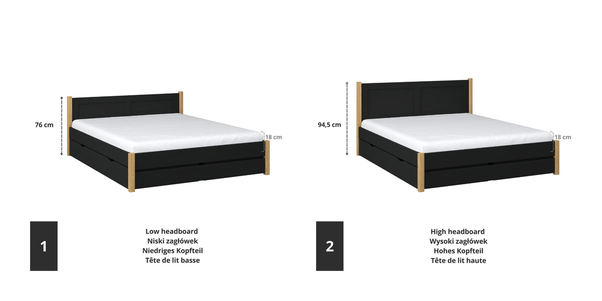 Wooden double bed black with oak – joint and drawer details, Nizio