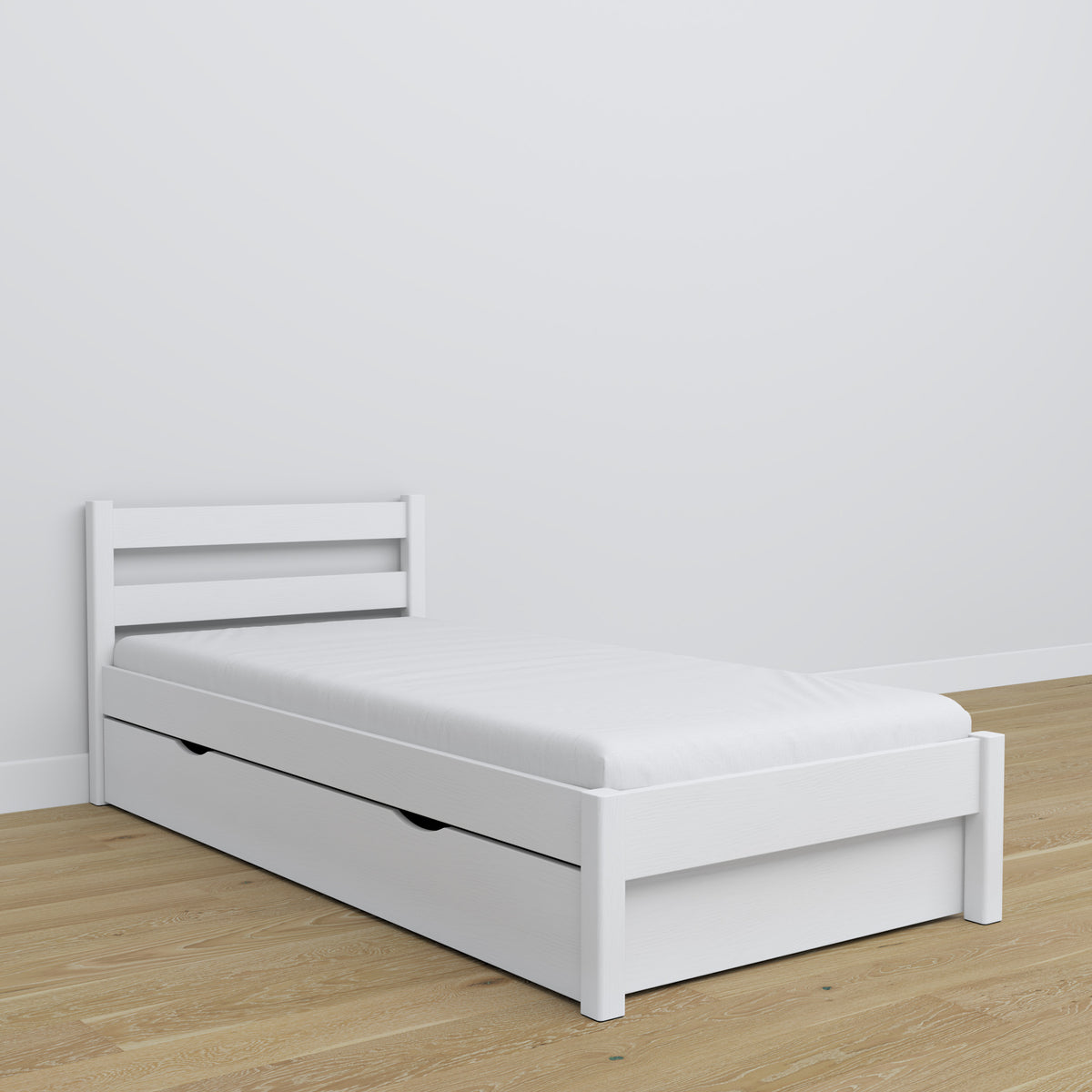 Letto con cassetto in legno bianco – stanza per bambini, allestimento scandi