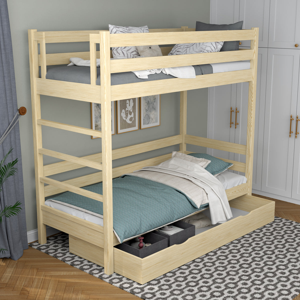 Etagenbett Kiefer farblos mit Schublade – Absturzsicherung und Holzleiter, Nizio