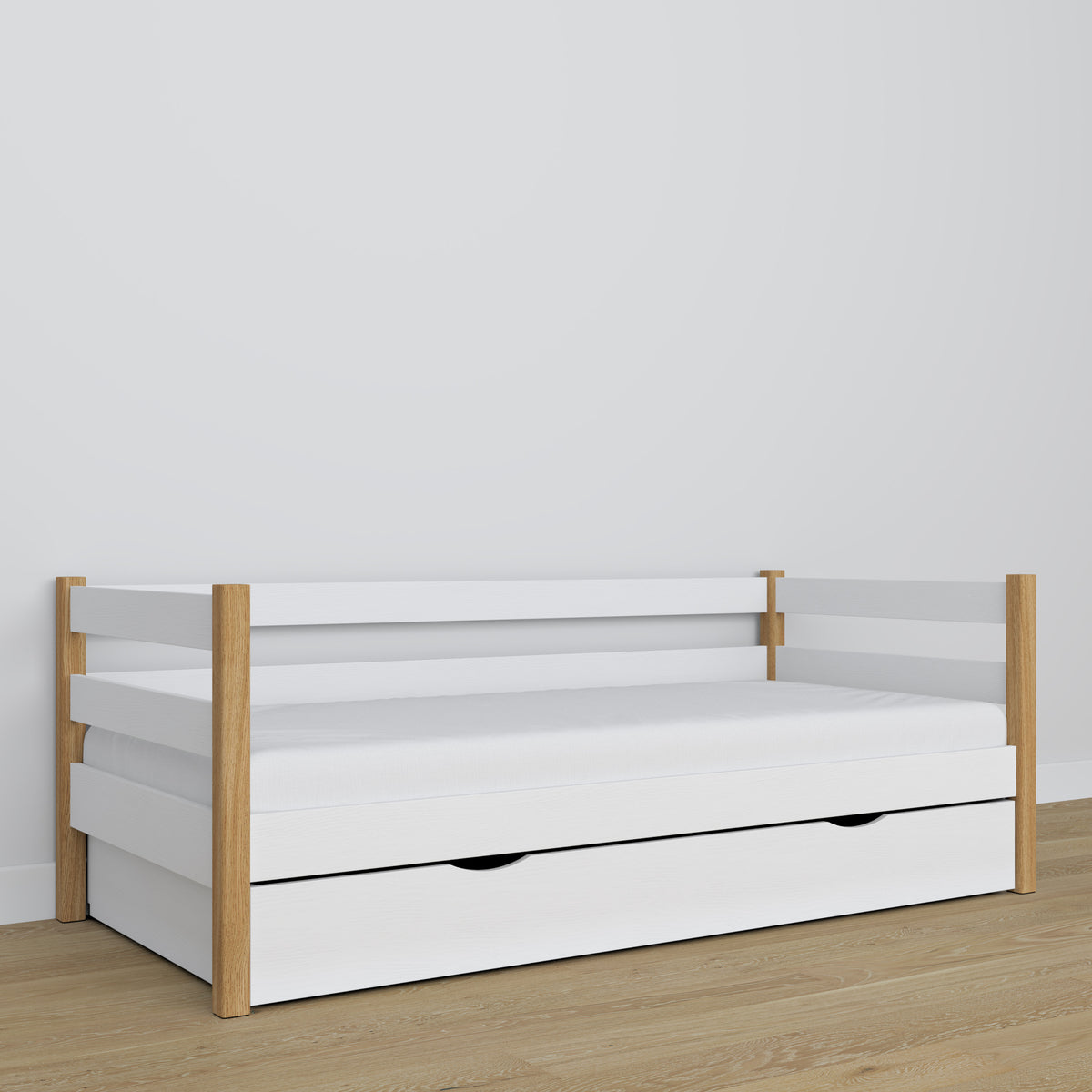 Sofa-Bett weiß-Eiche – Holzdetails und Verbindungen, Nizio Home