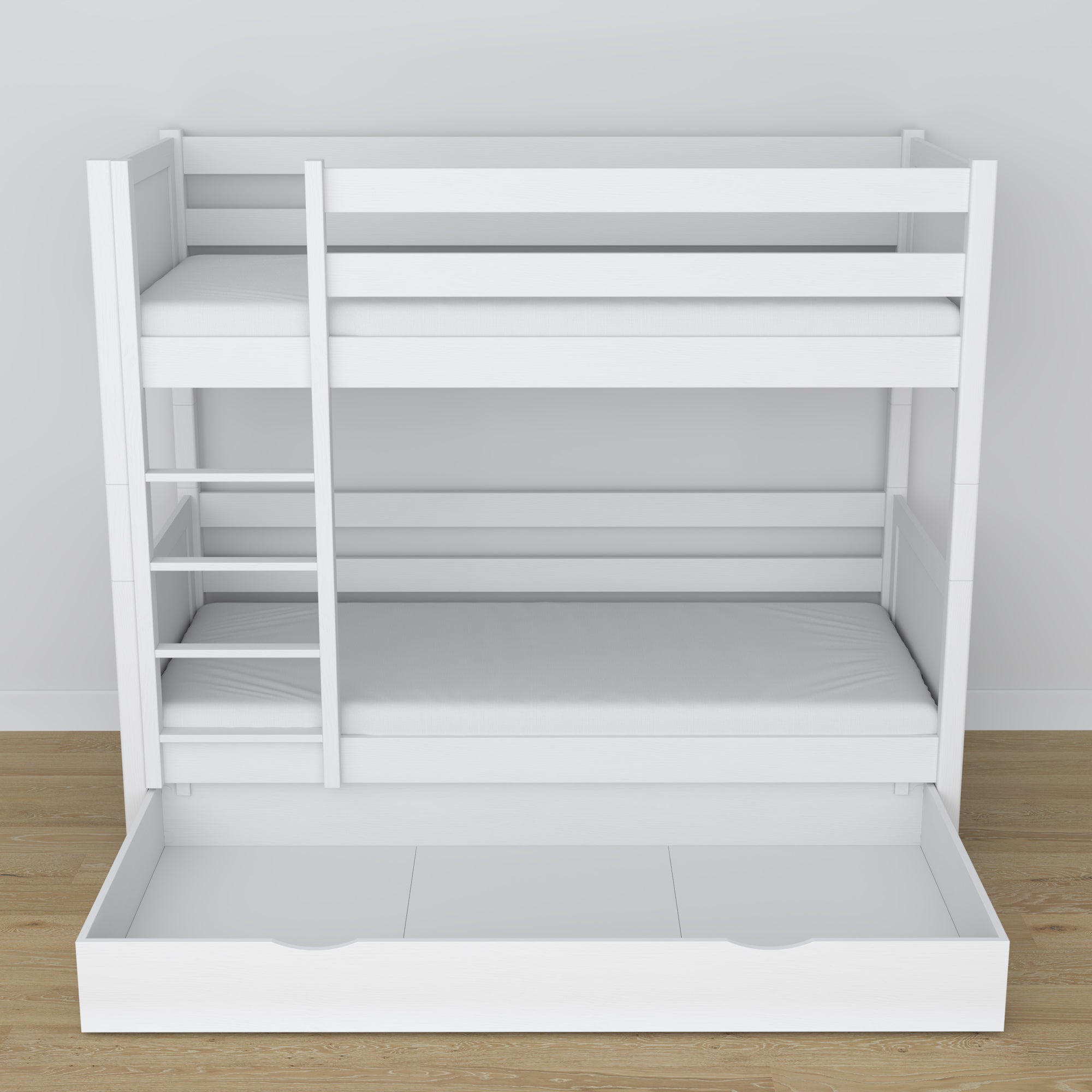 Letto a castello bianco – struttura in legno con doghe, vista laterale
