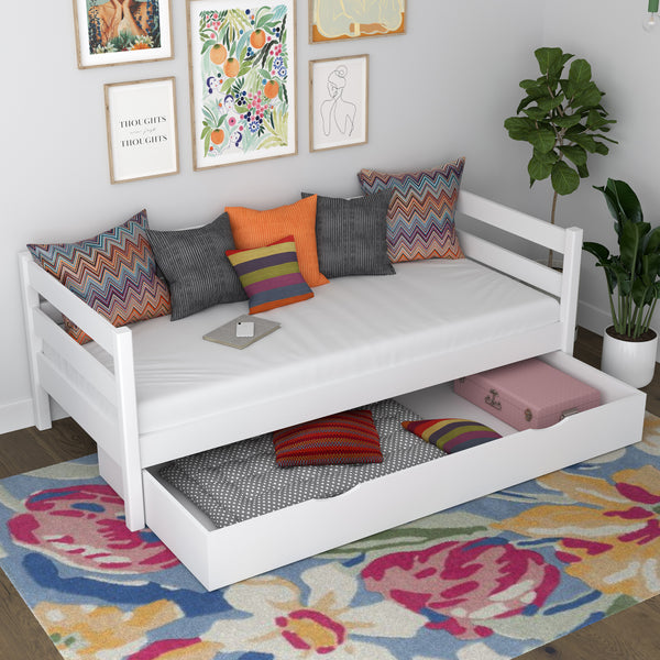 Drewniane łóżko sofa z szufladą N01 biały – widok ogólny, lite drewno sosnowe