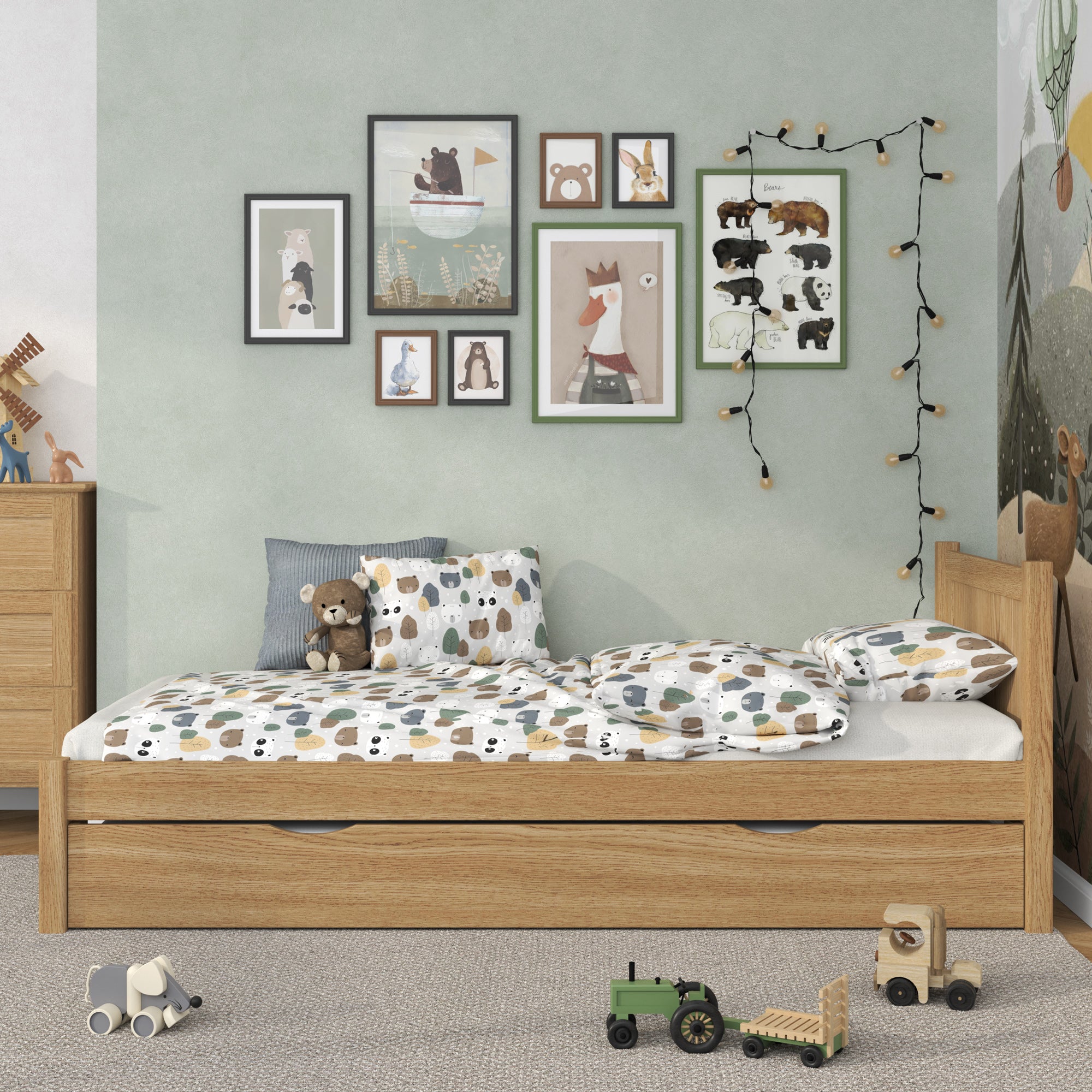 Natural Oak Bed with Mattress Drawer – Side View, Oak, Nizio Home