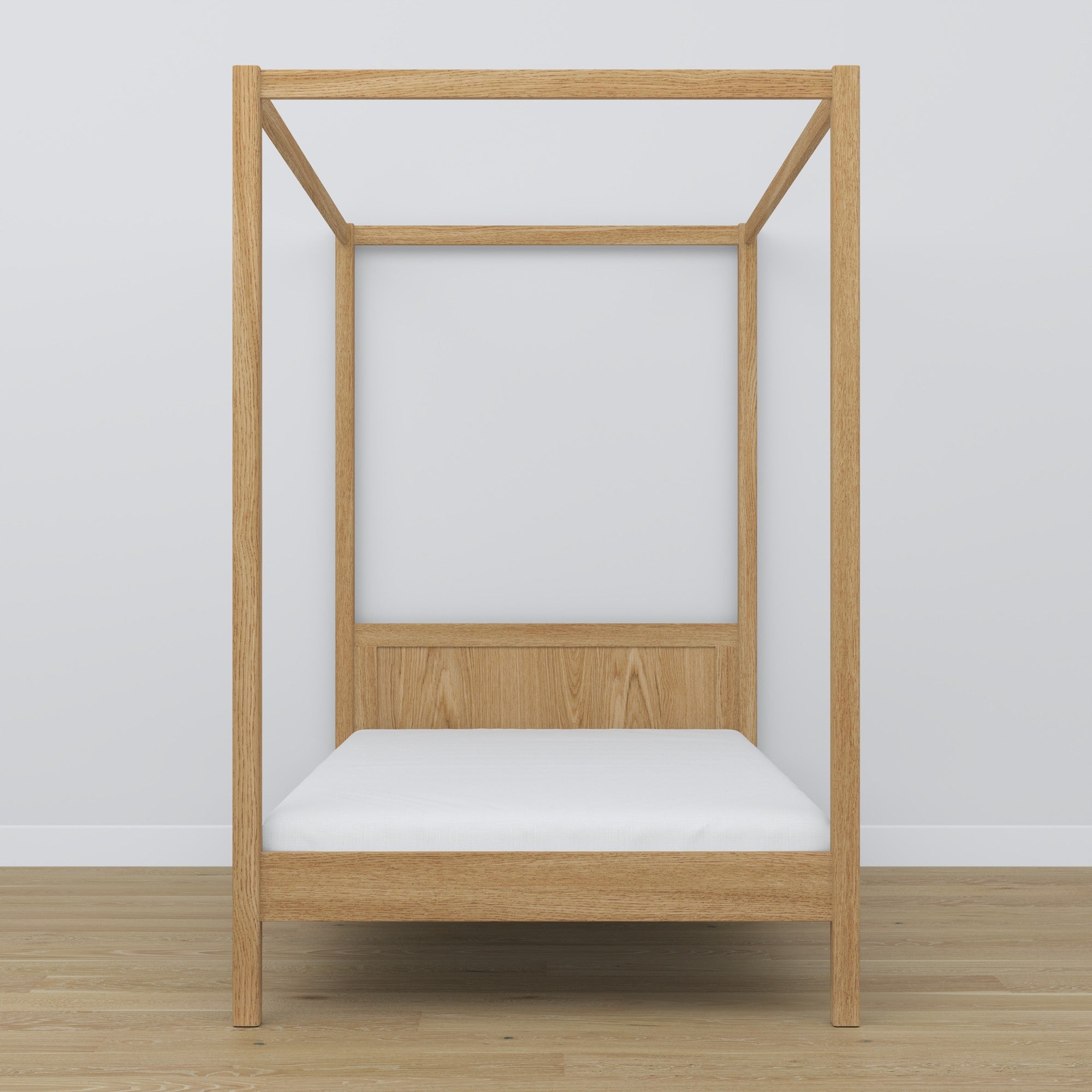 Oak canopy bed natural oak – close-up of canopy and headboard