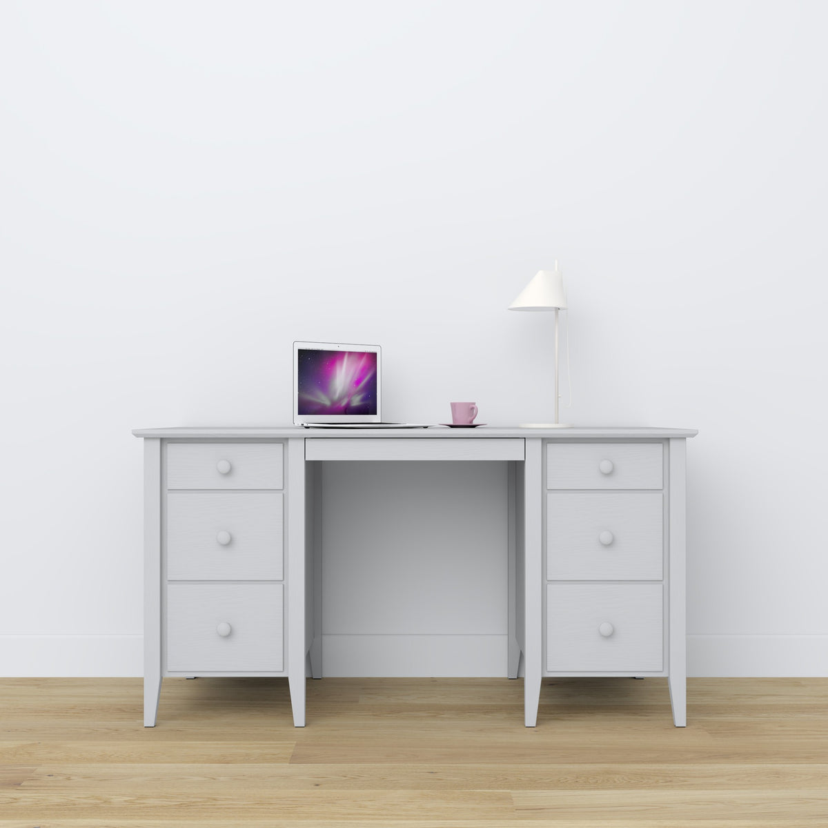 Scrivania 6S in legno grigio – cassetti aperto, vani per documenti