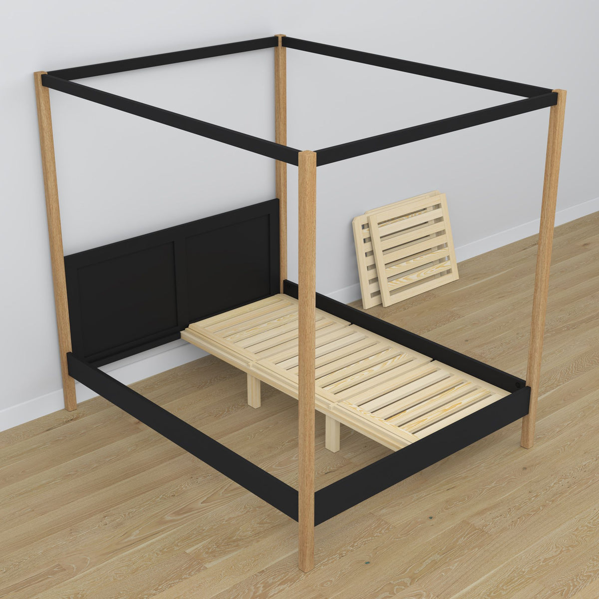 Letto con baldacchino nero-quercia in legno – vista diagonale, camera da letto