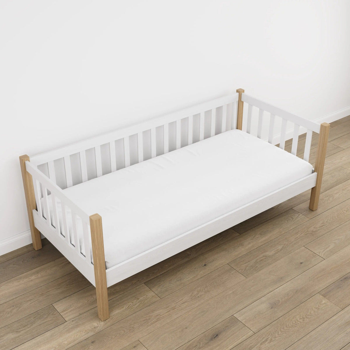 Sofa-lit blanc avec chêne – pieds et base en bois, gros plan sur les détails