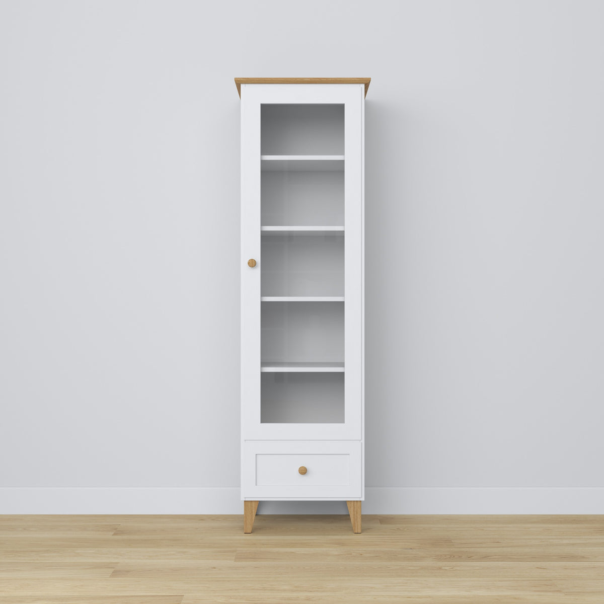 Vetrina con cassetto in legno bianco con quercia 57 cm – salotto, stile scandinavo Nizio