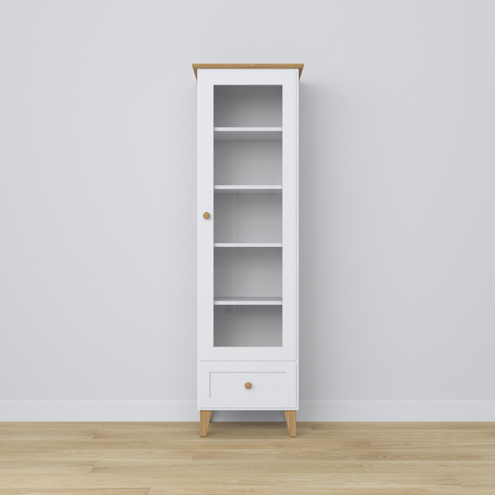 Vetrina con cassetto in legno bianco con quercia 57 cm – salotto, stile scandinavo Nizio