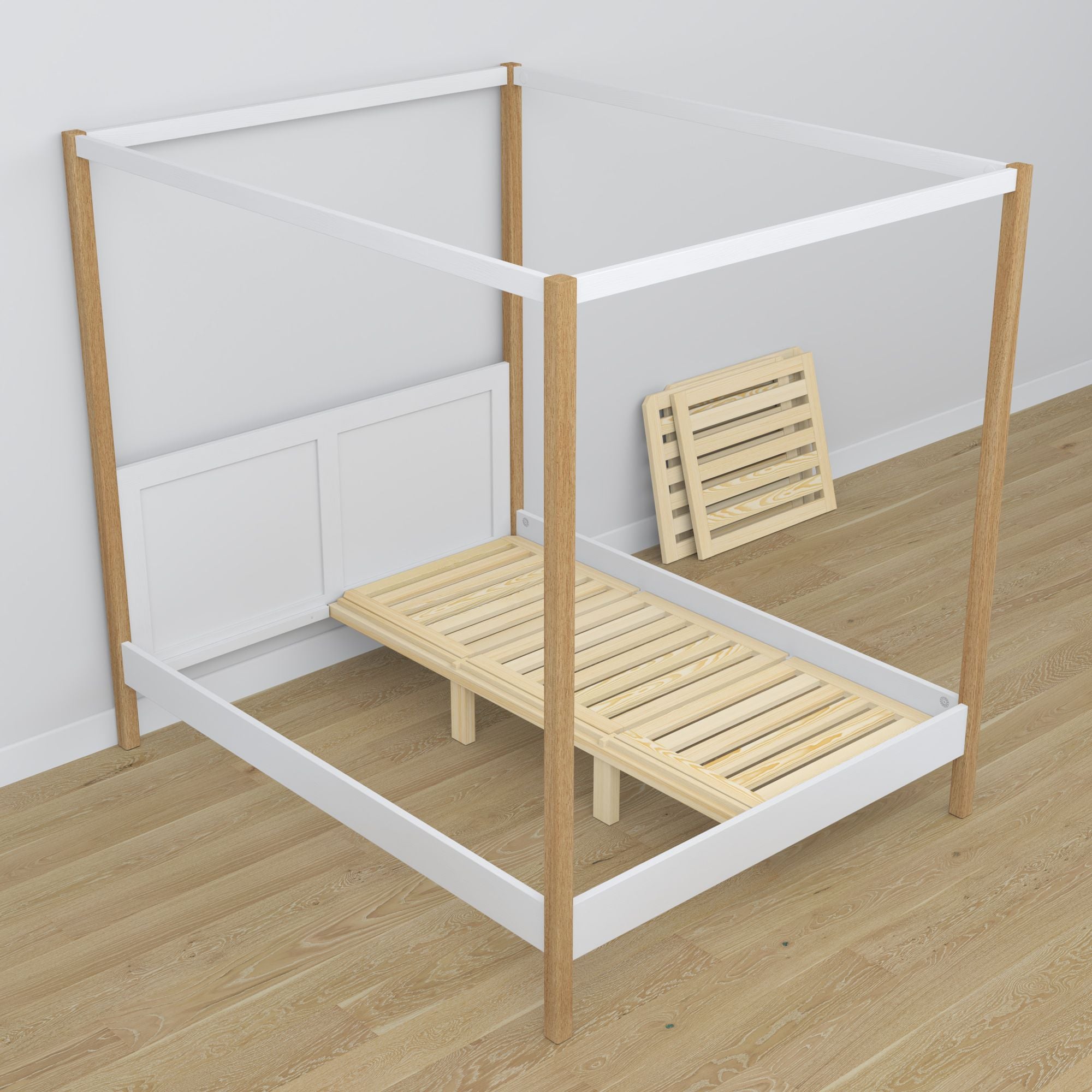 Letto con baldacchino bianco-quercia in legno – vista diagonale, camera da letto