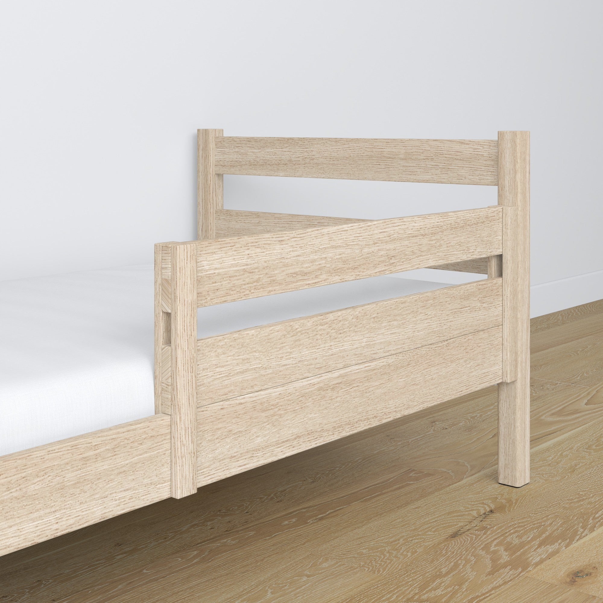Children’s bed safety rail bleached oak – side view, wooden