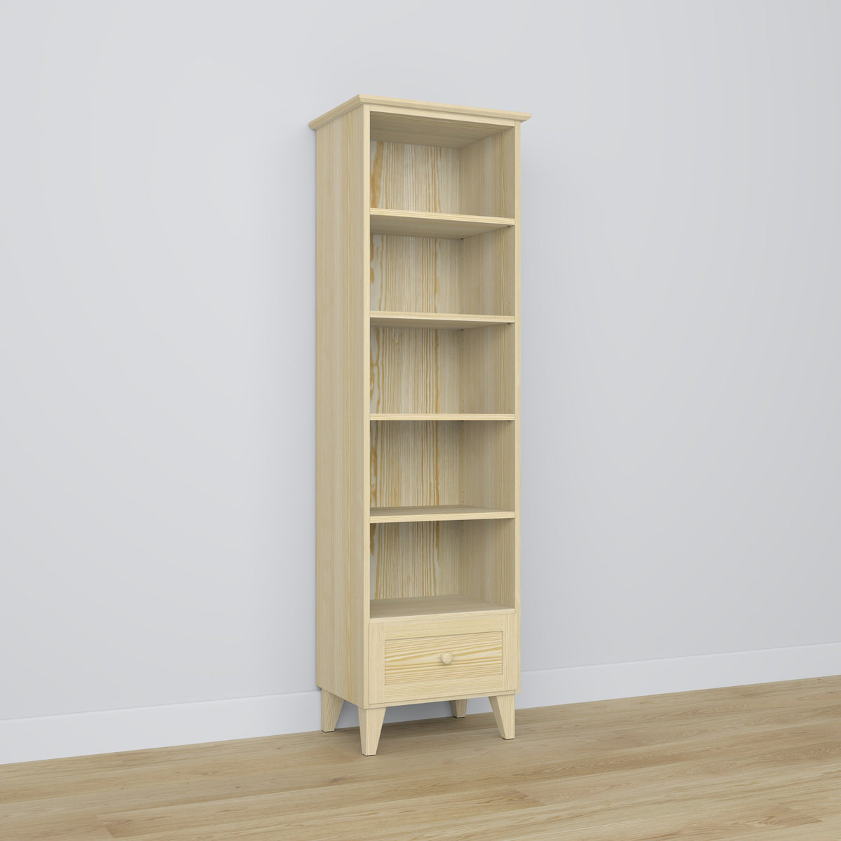 Regal 1S 57 Kiefer farblos – Kiefernelemente, alle Regalböden, Frontansicht, Nizio
