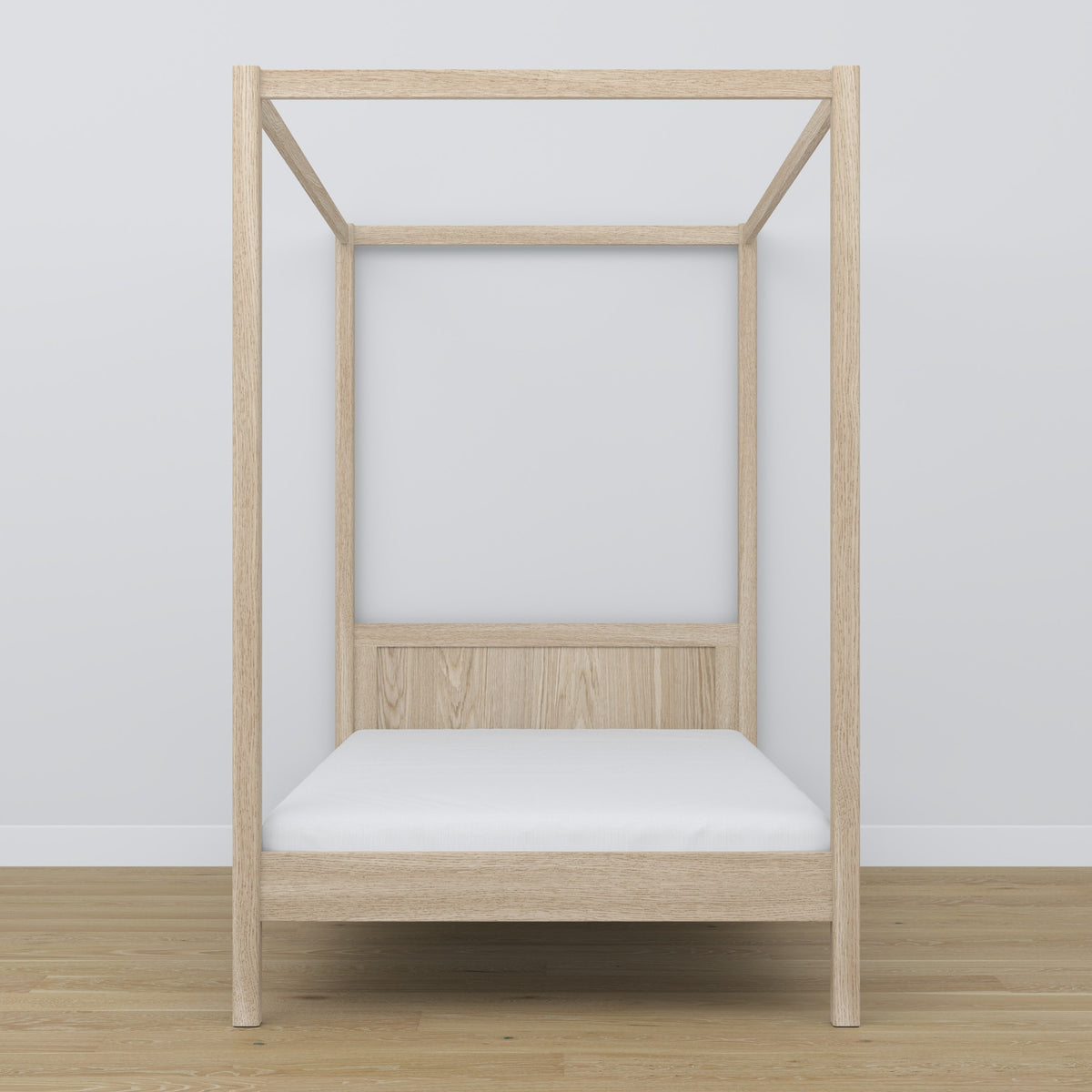 Oak canopy bed bleached oak – close-up of canopy and headboard