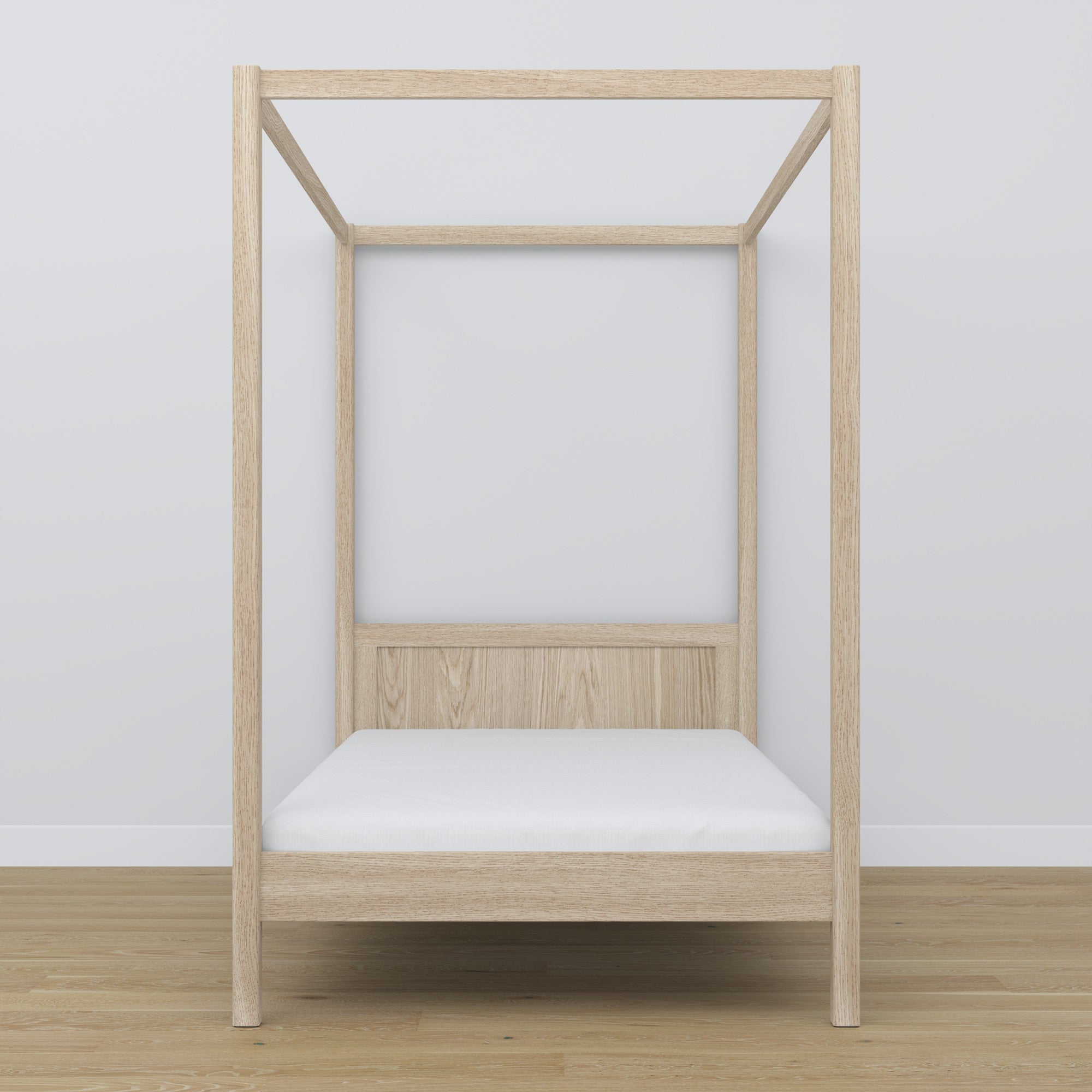 Oak canopy bed bleached oak – close-up of canopy and headboard