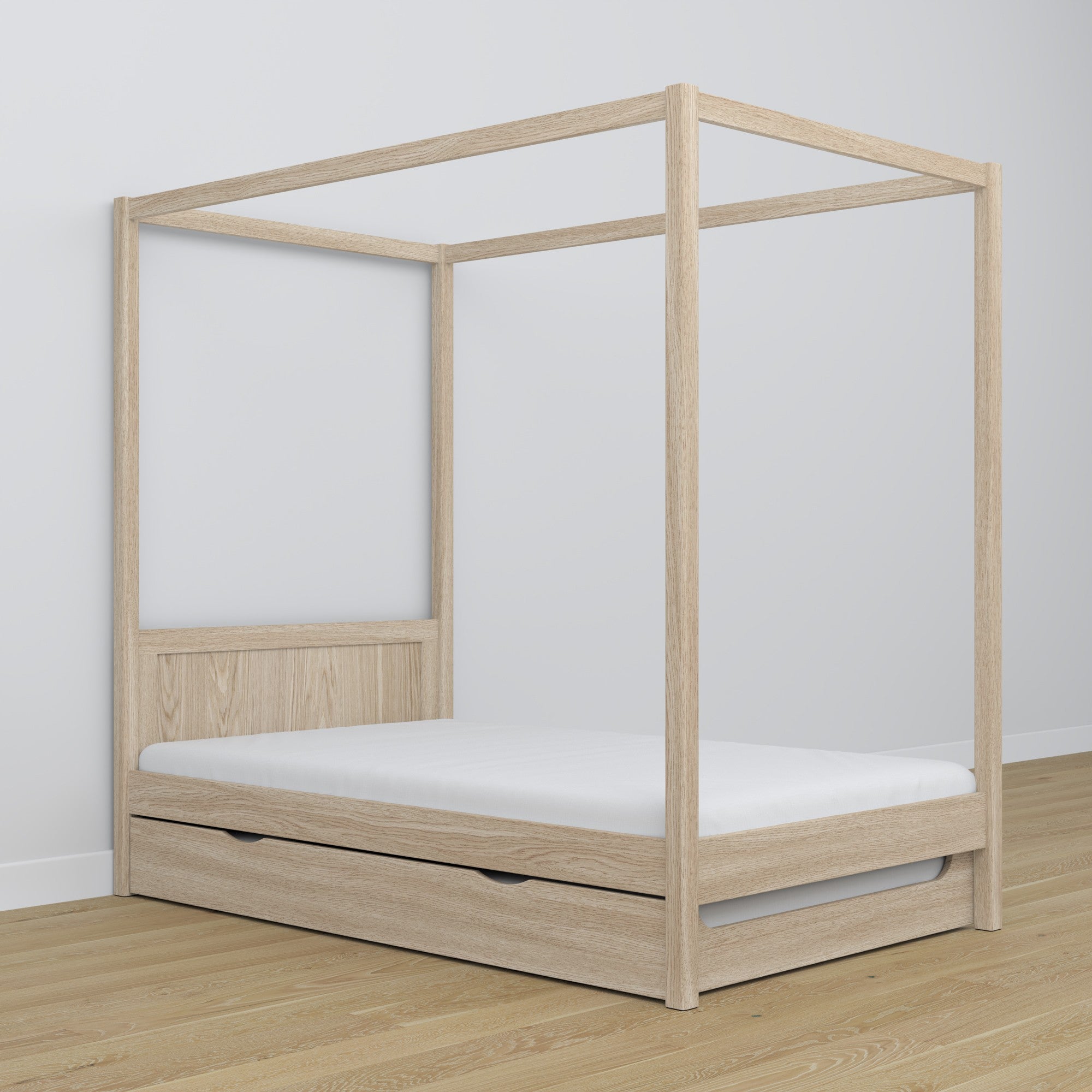 Bleached Oak Canopy Bed – Drawer for Additional Mattress, Oak