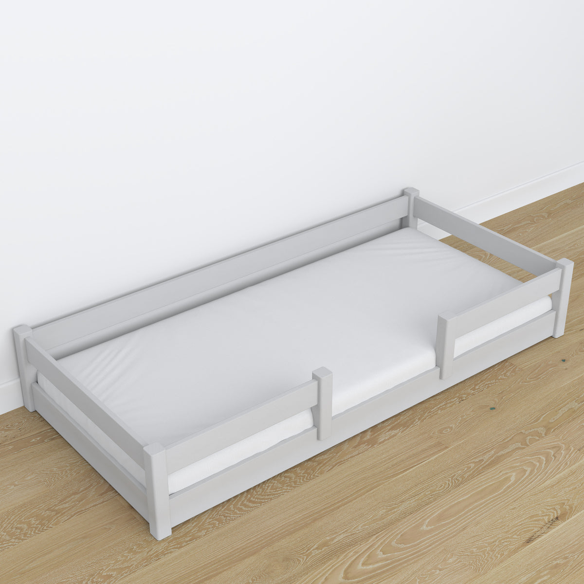 Lit bas en bois gris – niska rama, vue de côté, chambre scandinave