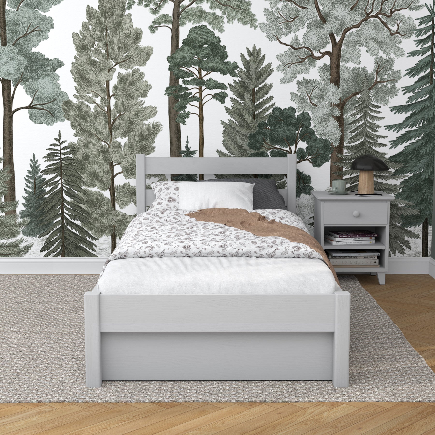 Letto grigio con cassetto – vista laterale, in legno, Nizio Home