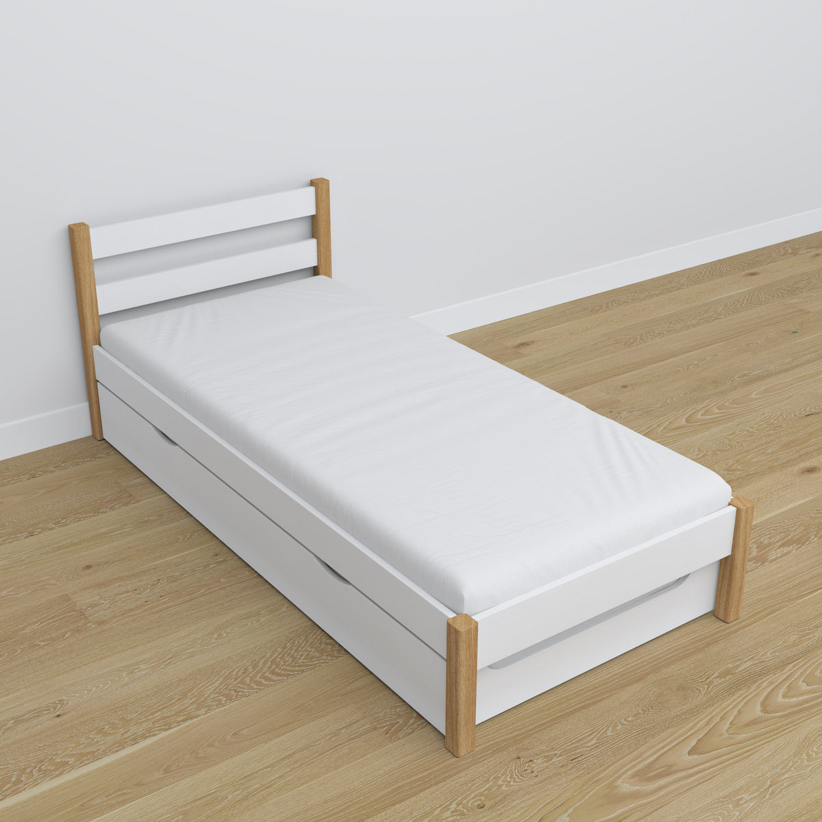 Letto con cassetto per materasso bianco-quercia in legno – dimensioni, Nizio