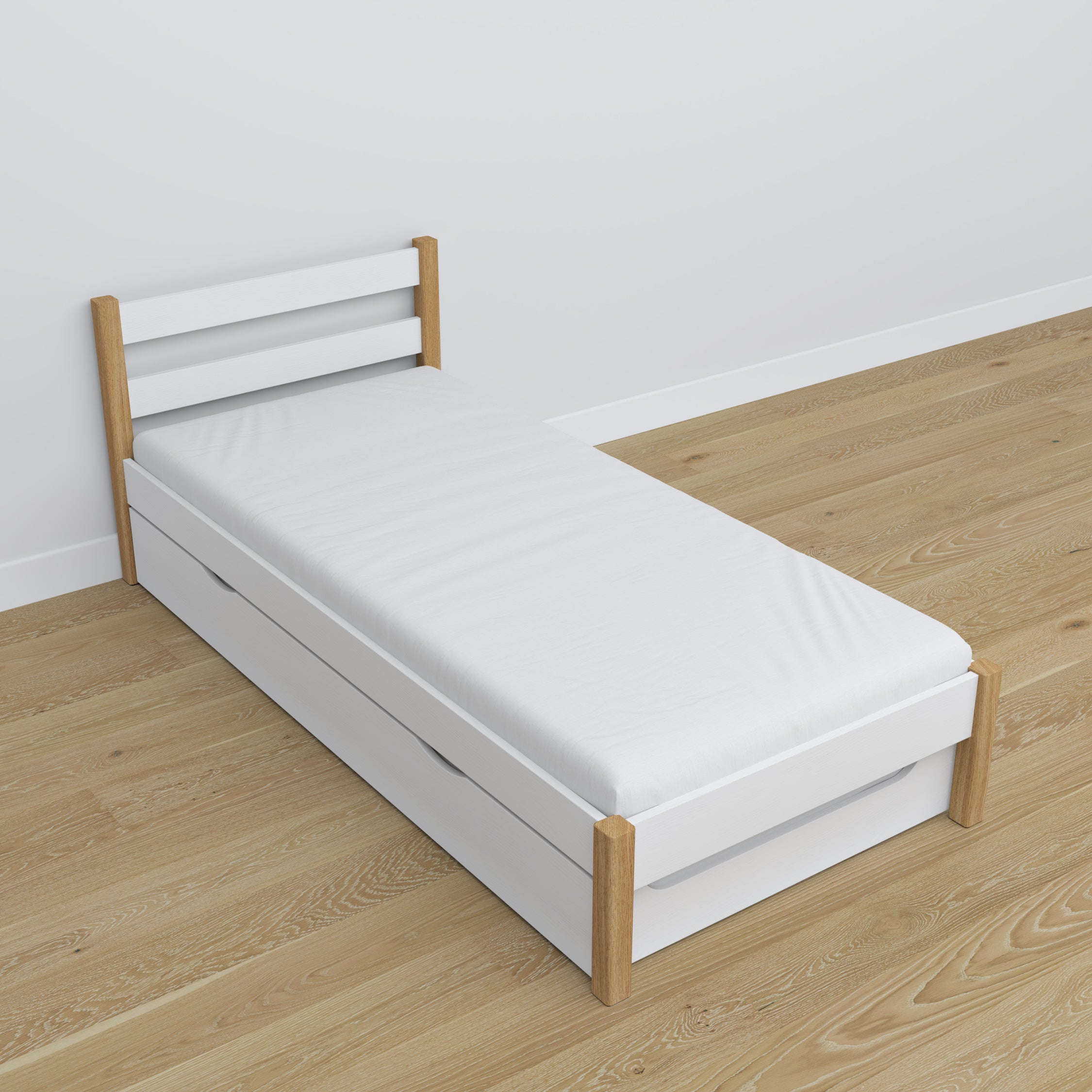 Letto con cassetto per materasso bianco-quercia in legno – dimensioni, Nizio
