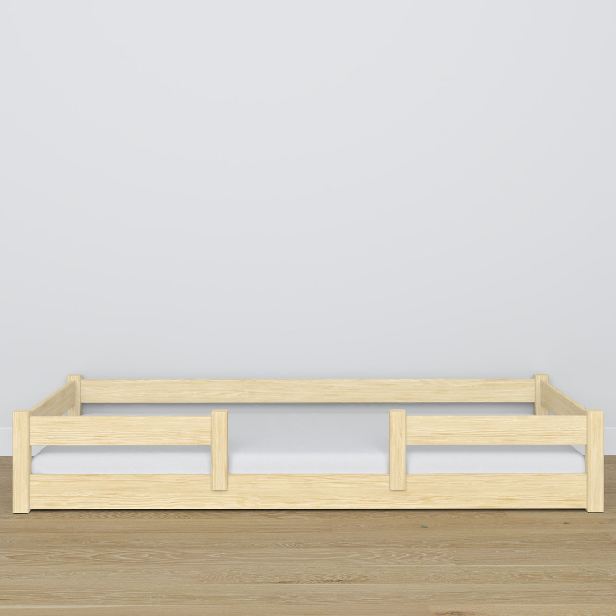 Niedriges Bett Kiefer farblos im Schlafzimmer – skandinavische Einrichtung, Holz