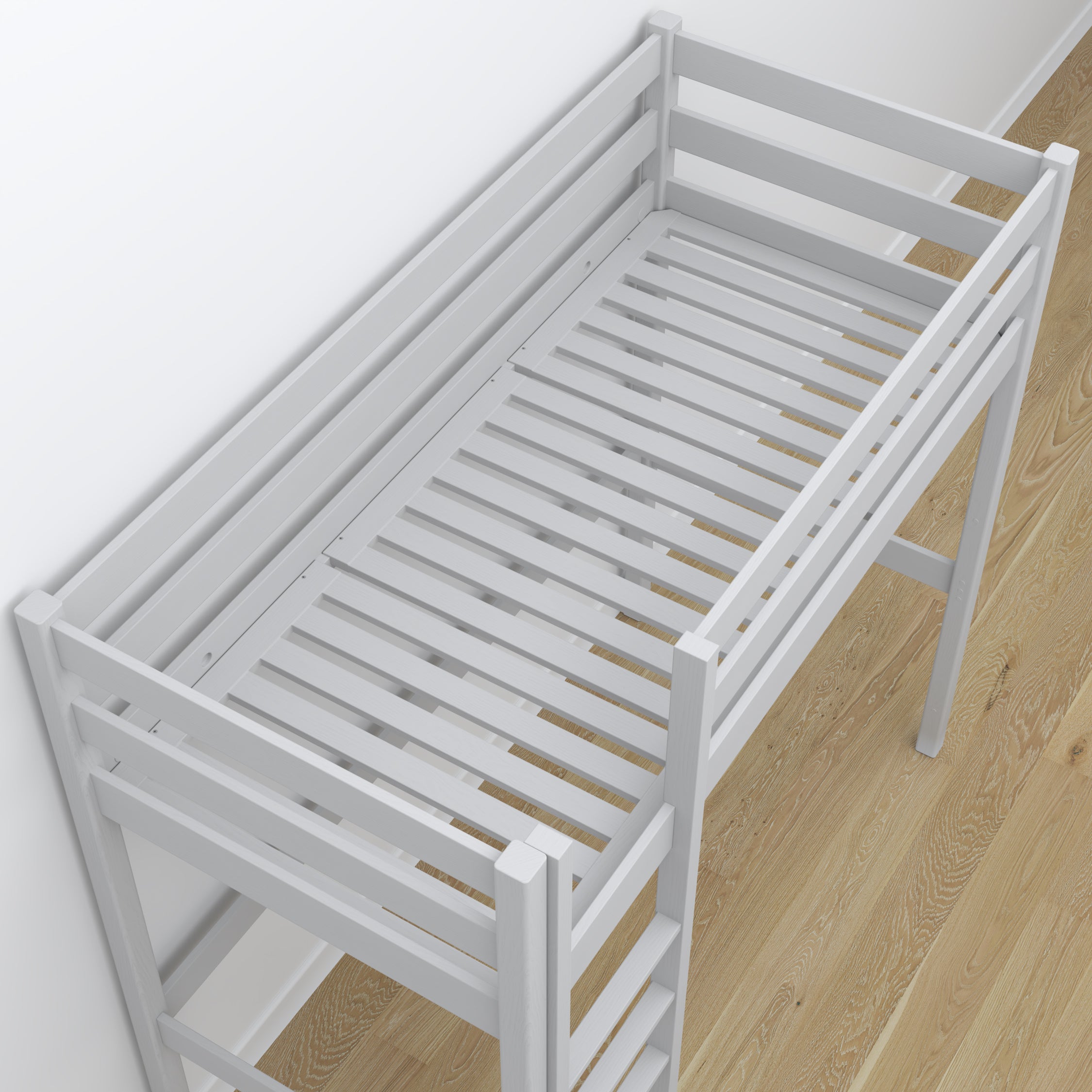 Letto a soppalco con scrivania in legno grigio – dettaglio giunzioni e scala