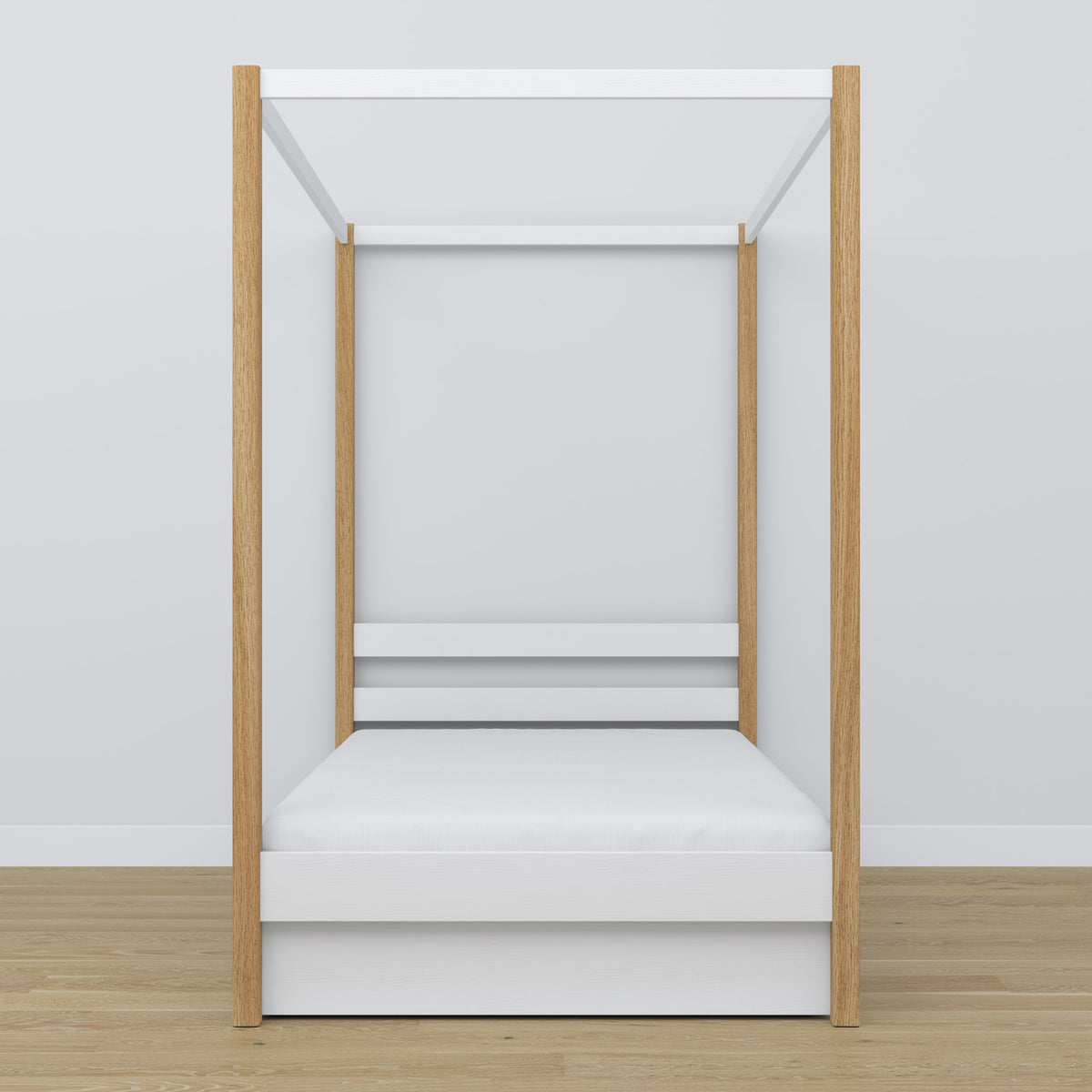Bed white/oak canopy bed – open drawer, wooden, Nizio Home