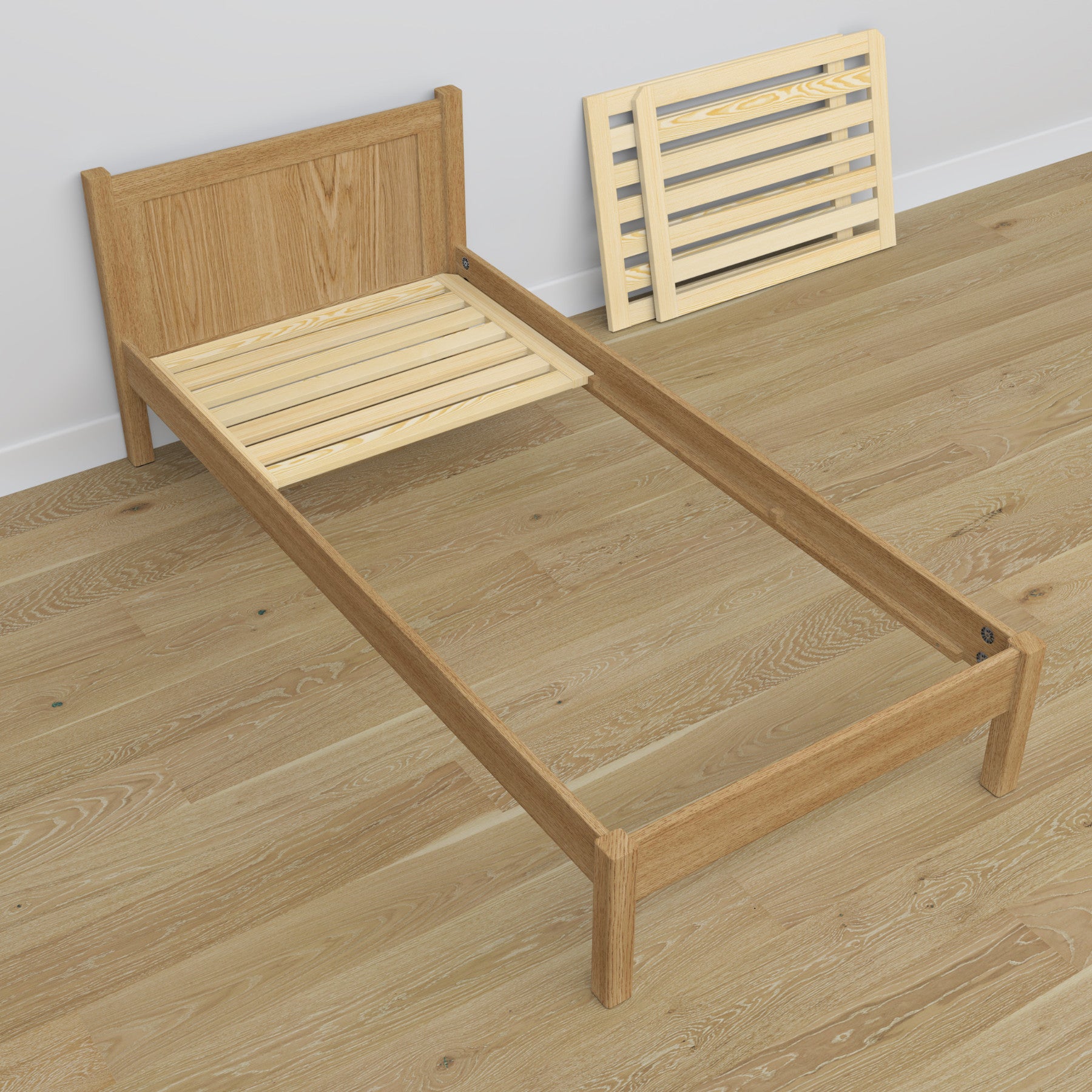 Bed with mattress drawer natural oak made of oak – dimensions, Nizio