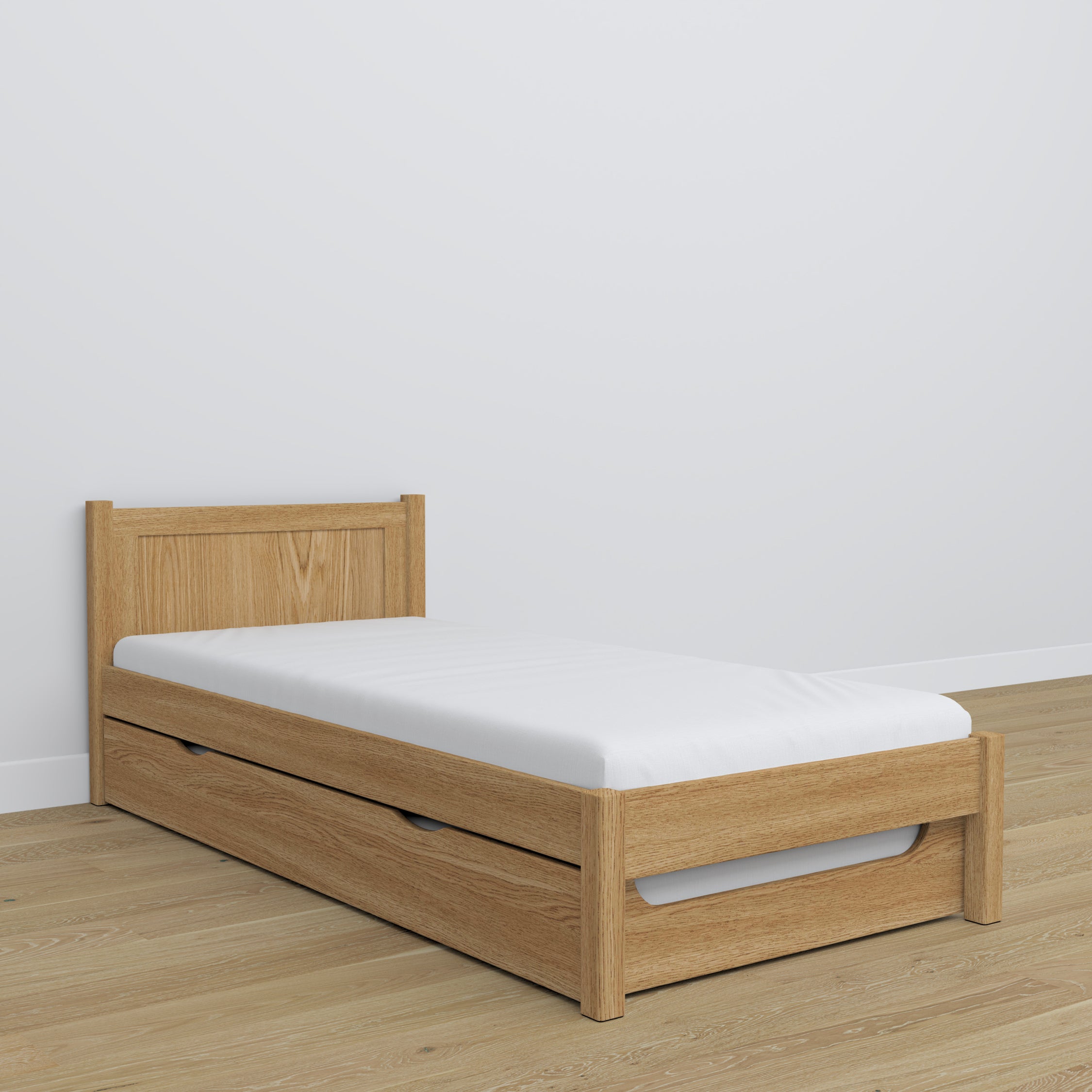 Oak bed with mattress drawer natural oak – child’s room arrangement