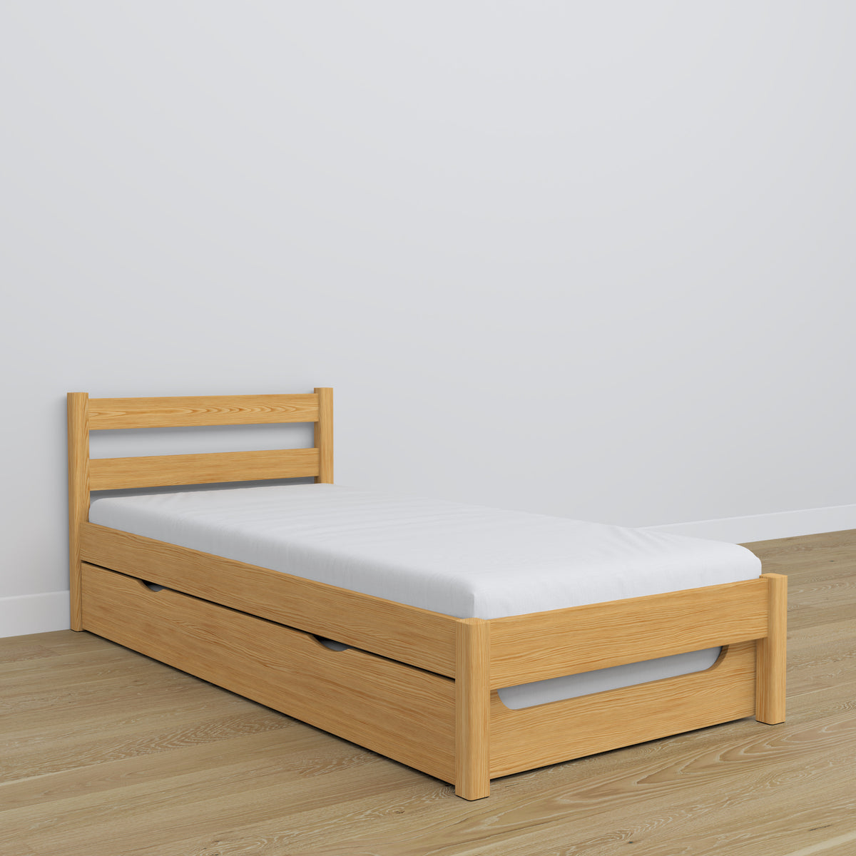 Letto con cassetto per materasso in legno pino naturale – allestimento nella cameretta dei bambini