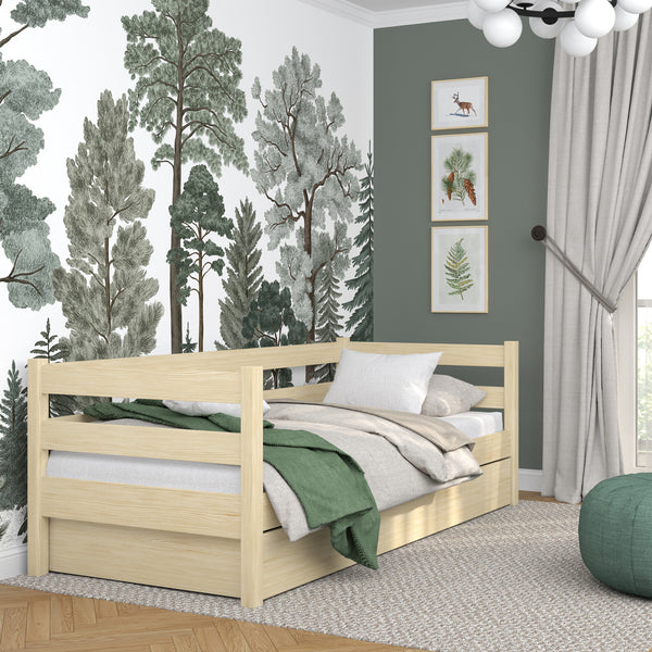Drewniane łóżko sofa z szufladą N01 sosna bezbarwna – widok ogólny, lite drewno sosnowe