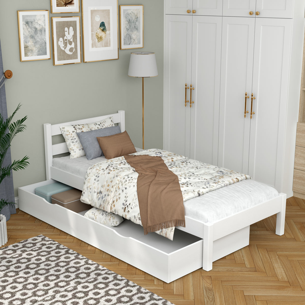 Letto bianco con cassetto – capiente vano, in legno, per bambini Nizio