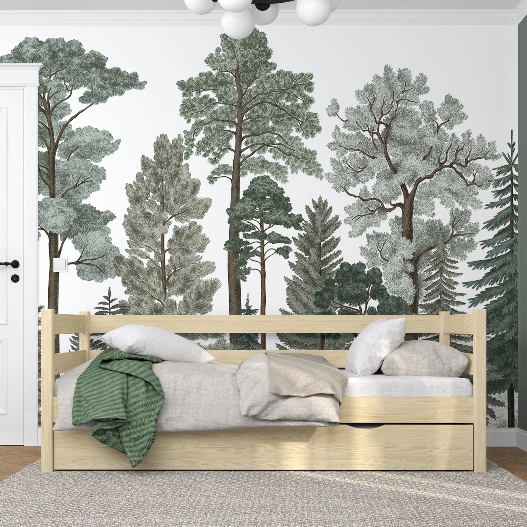 Sofa-lit pin incolore – barrière latérale en bois, vue de côté, Nizio