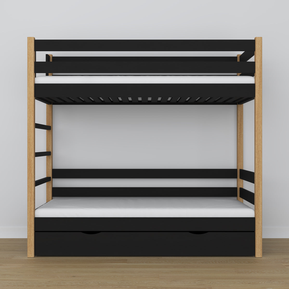 Black and Oak Bunk Bed – Wooden Slatted Frame, Side View