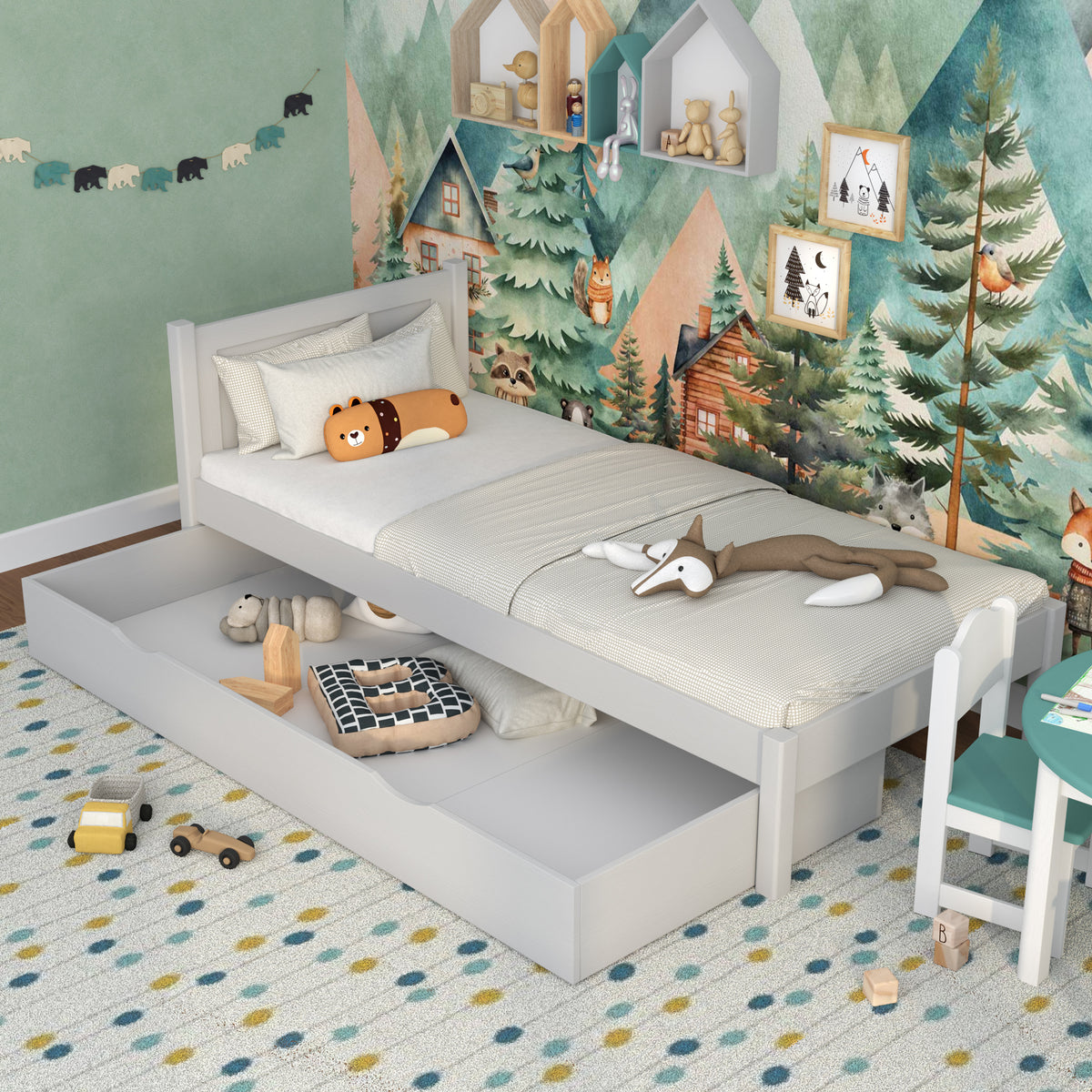 Lit gris z tiroir – rangement spacieux, en bois, pour enfants Nizio