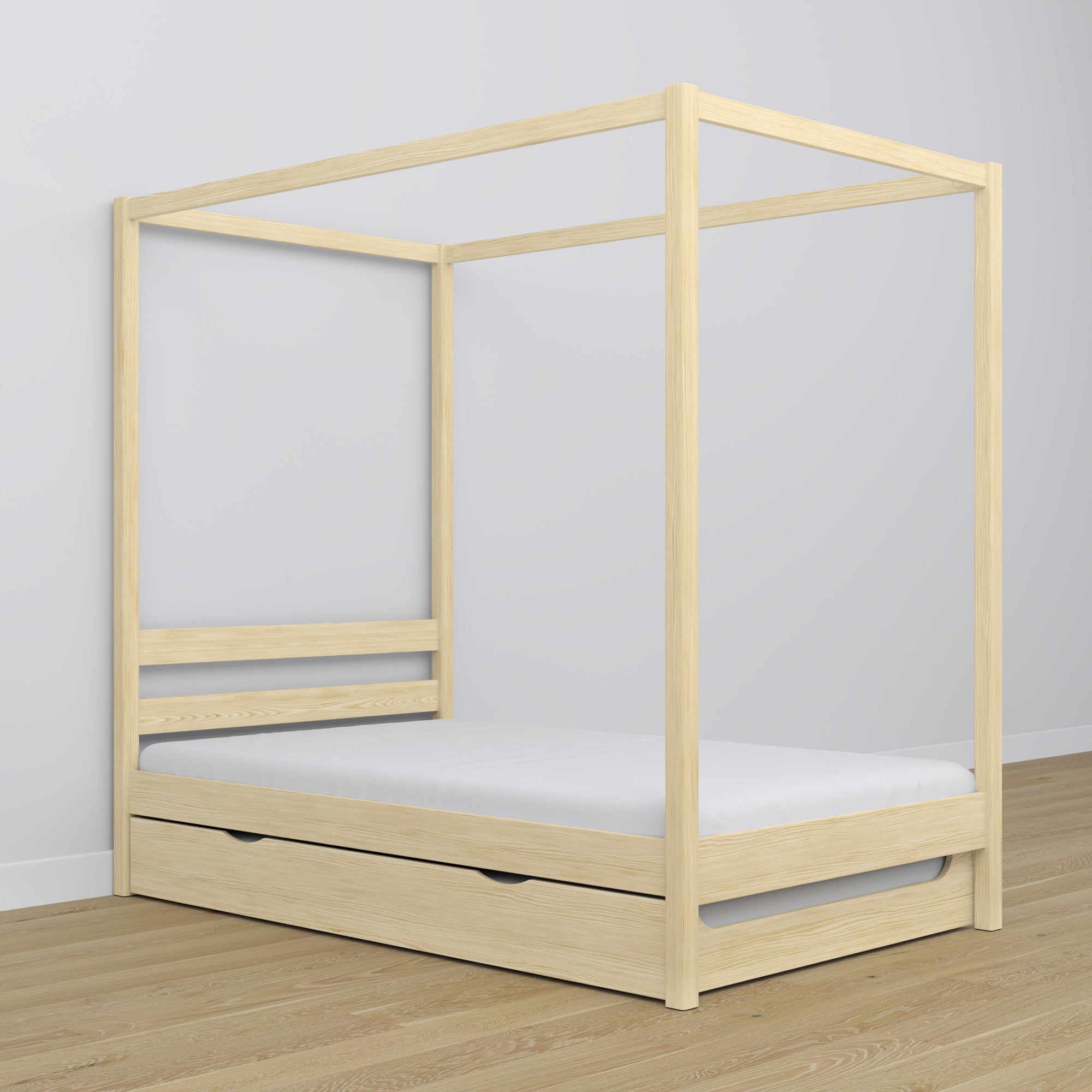 Lit pin incolore avec baldaquin – tiroir na dodatkowy matelas, en bois