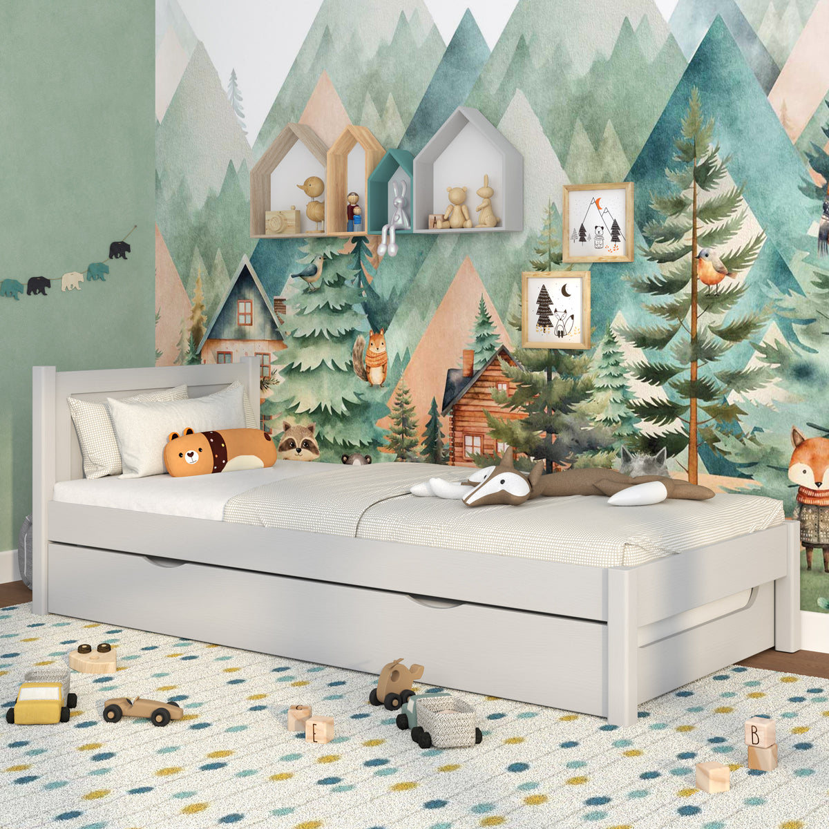 Letto grigio con cassetto per materasso aggiuntivo – in legno, per bambini Nizio