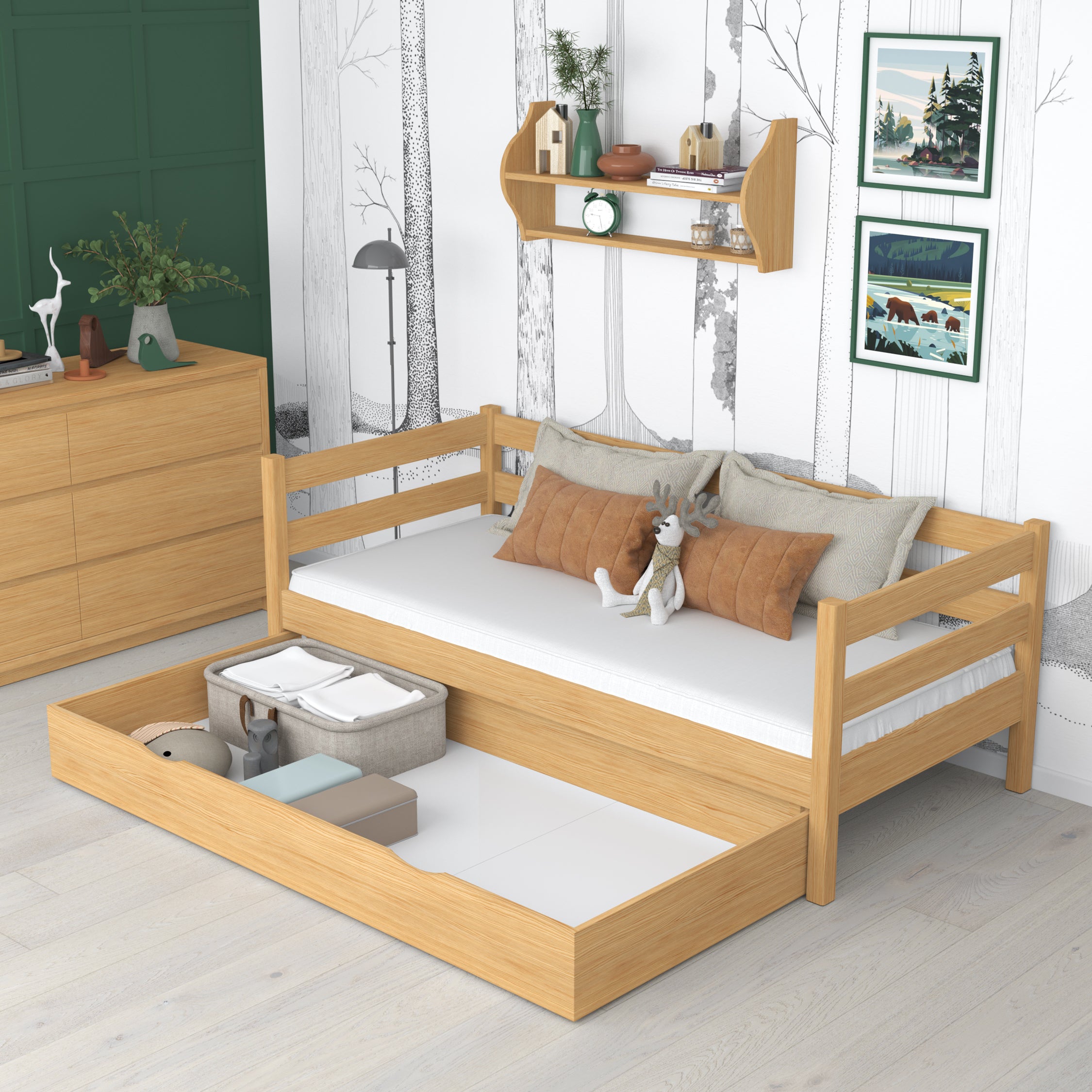 Natural pine sofa bed with drawer – spacious storage, wooden, Nizio