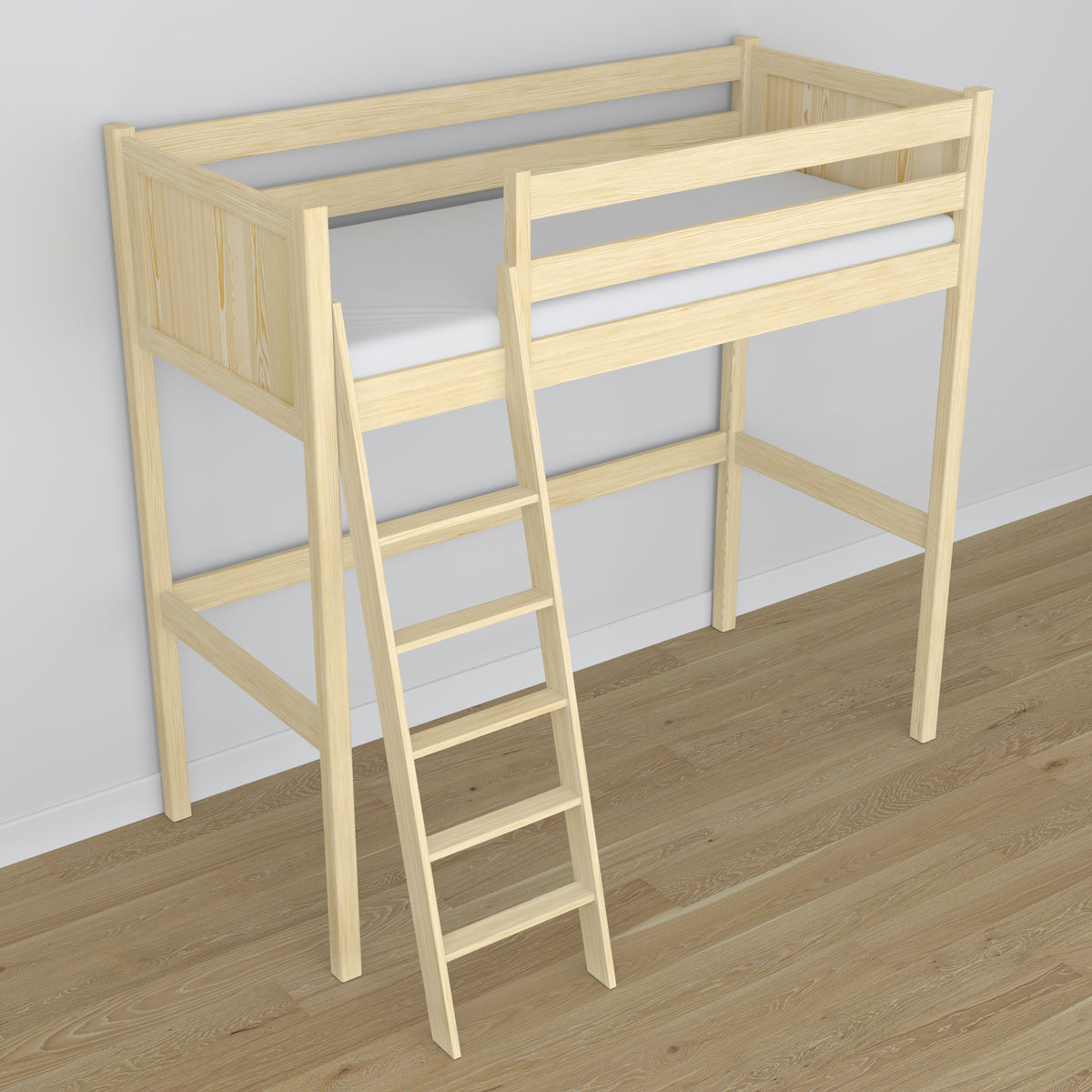 Loft bed clear pine wooden – top view of the sleeping area