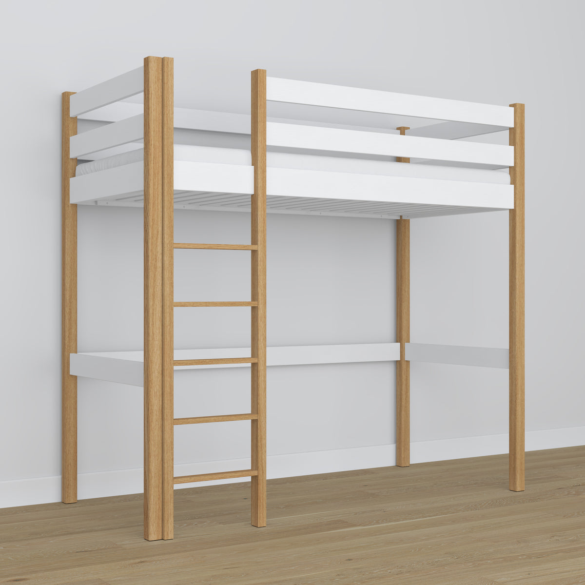 Letto a soppalco bianco-quercia in legno – vista dall'alto su camera da letto