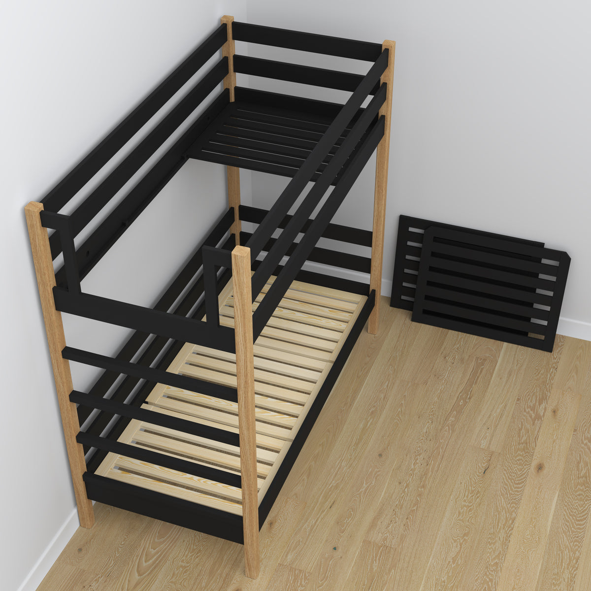 Etagenbett schwarz-eiche aus Holz – Maße und Schema, Nizio