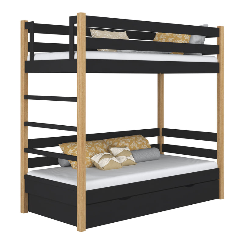 Black and Oak Wooden Bunk Bed with Drawer – Children’s Room, Solid Wood, Scandi