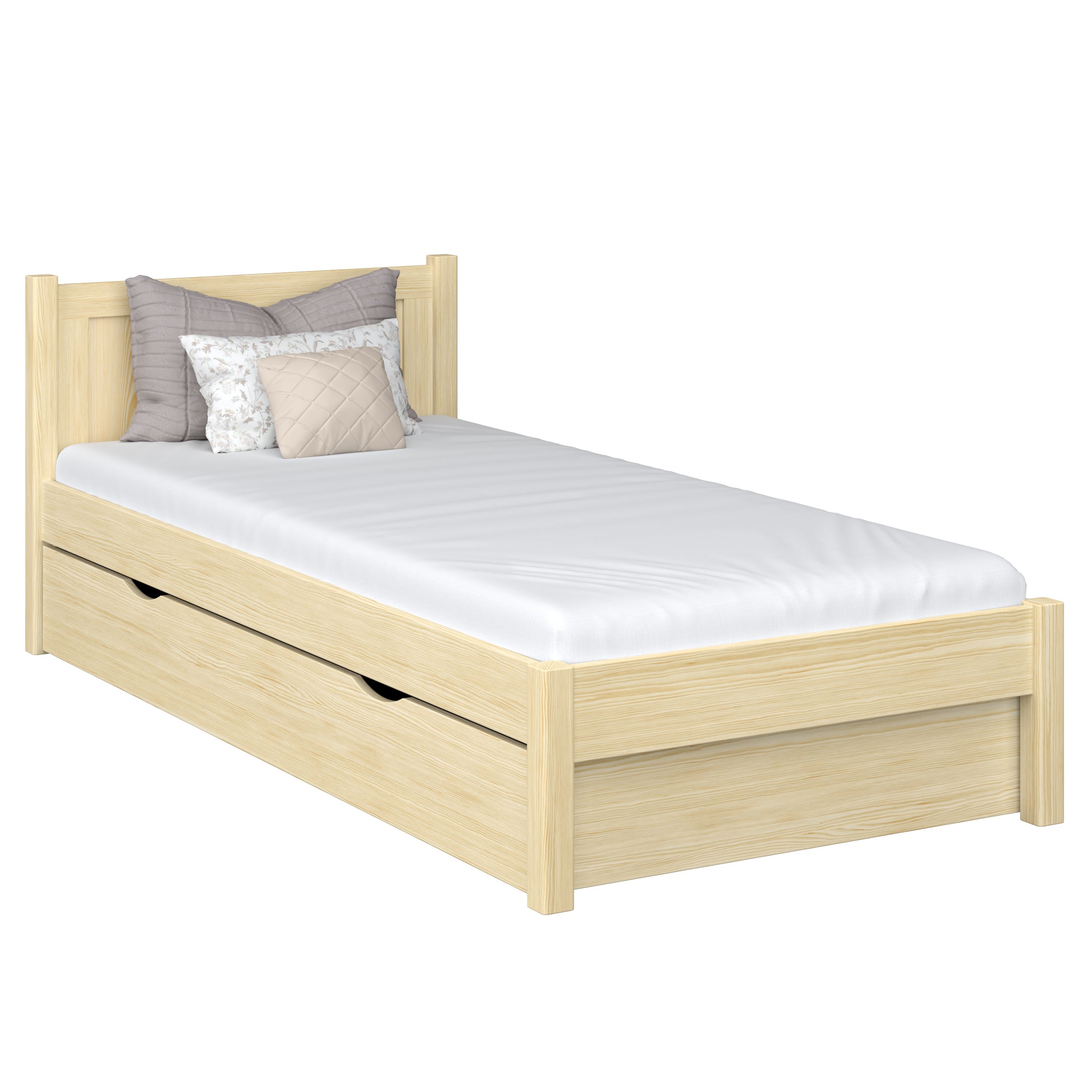 Wooden bed with drawer clear pine – open drawer, storage interior