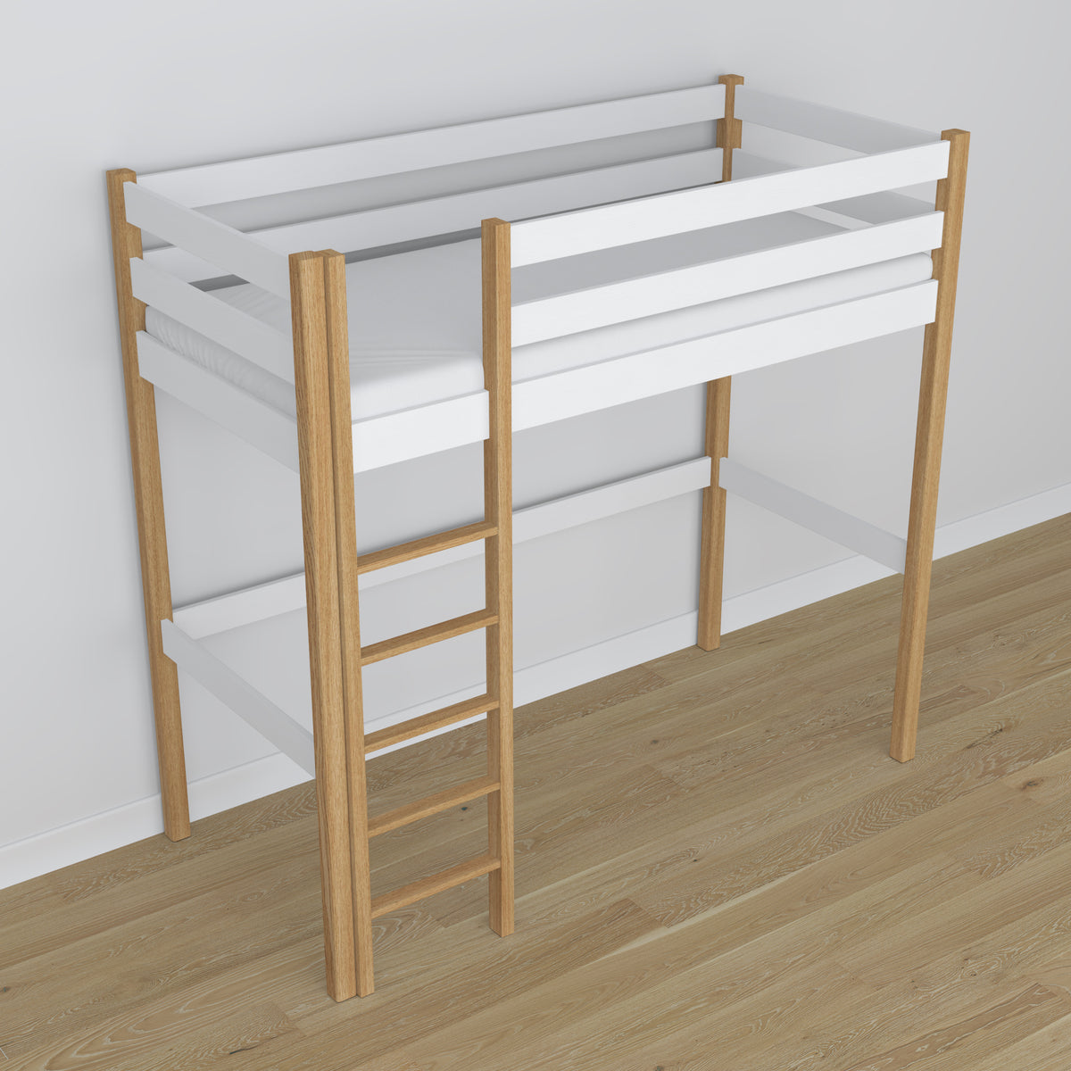 Letto a soppalco bianco-quercia in nella cameretta dei bambini – allestimento scandi, in legno