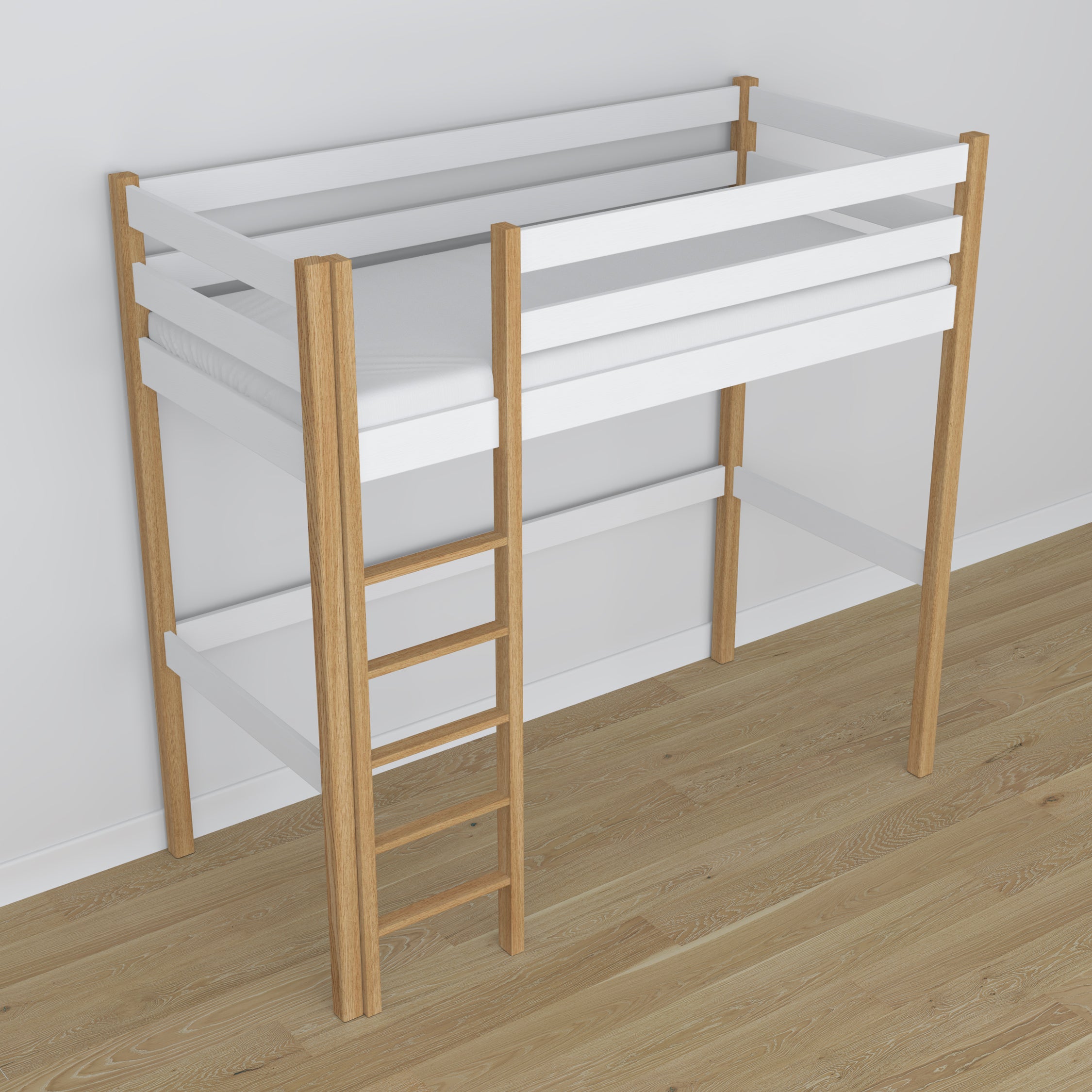 Letto a soppalco bianco-quercia in nella cameretta dei bambini – allestimento scandi, in legno